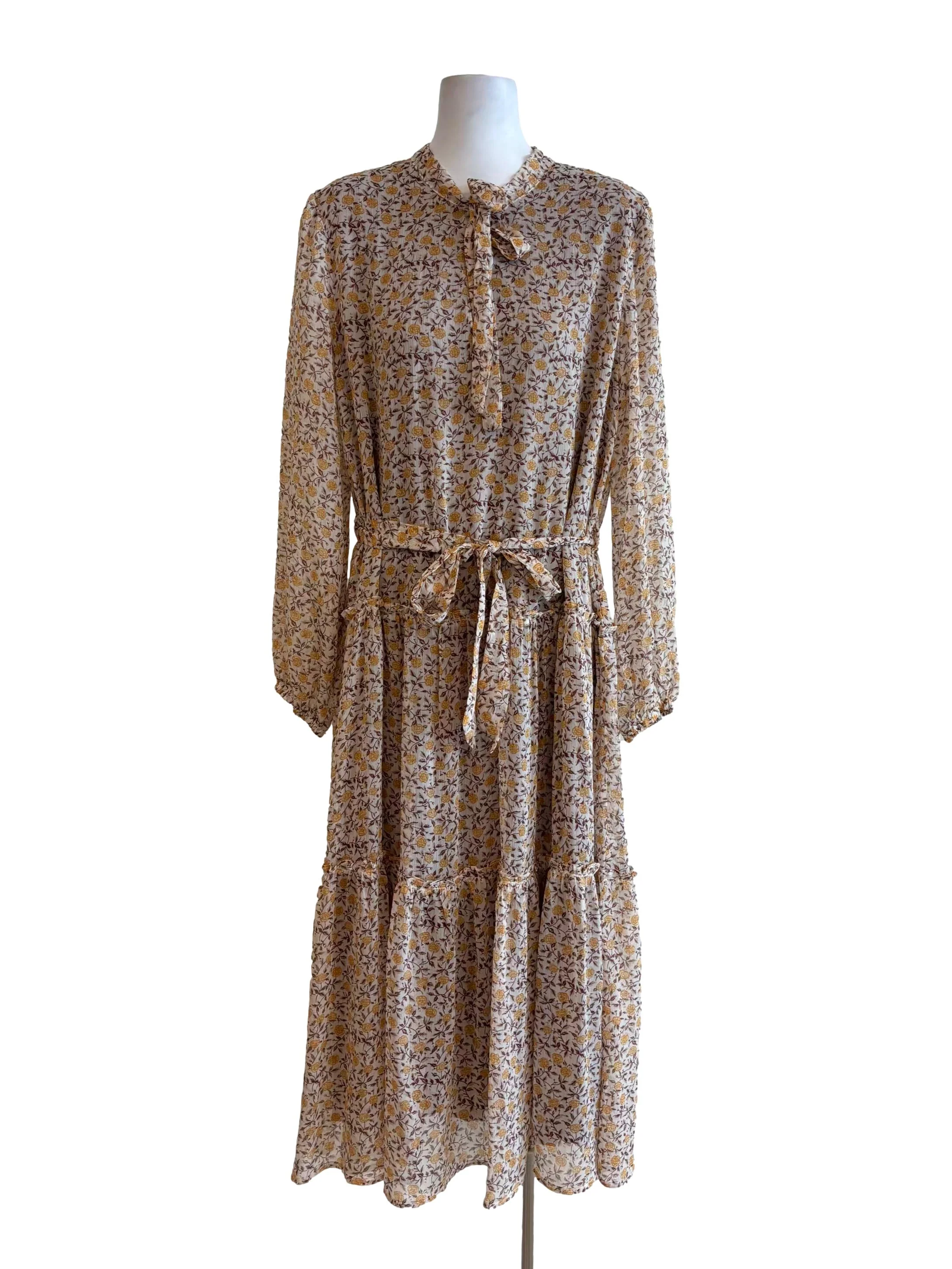 Almond Floral Long Sleeve Chiffon Dress