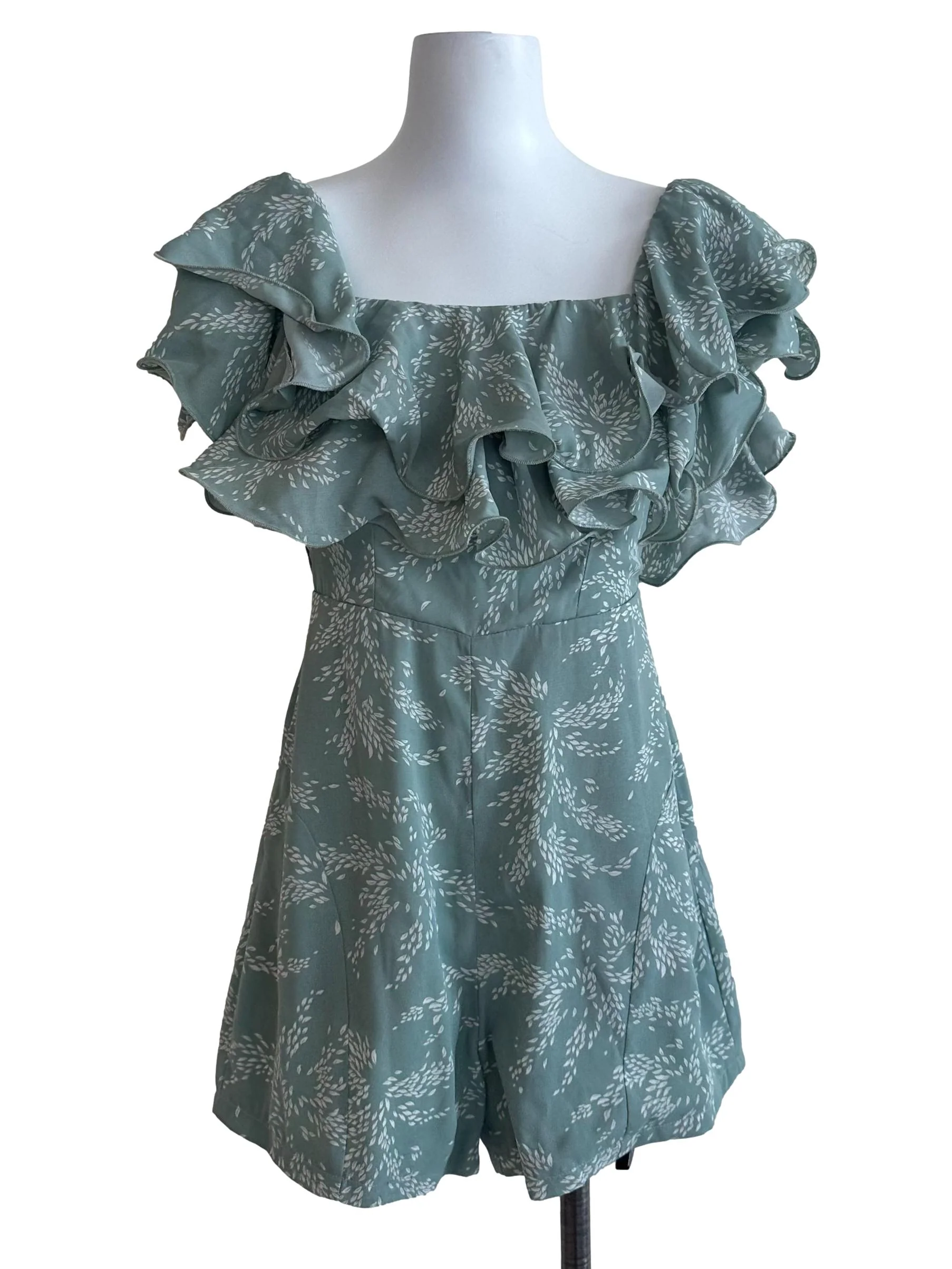 Aqua Green Pattern Ruffle Rompers