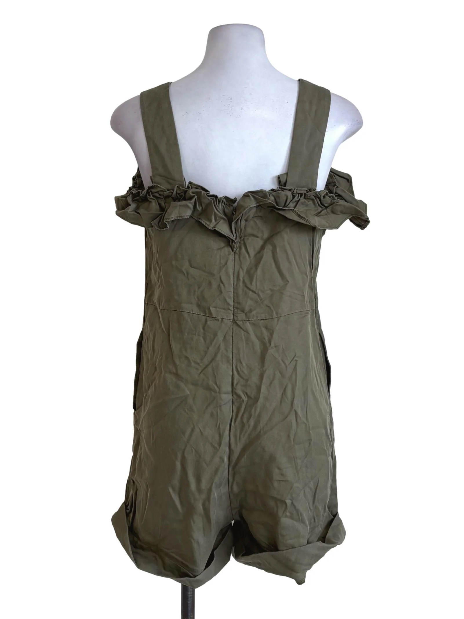 Army Green Ruffle Cuffed Leg Romper LB - Image 2