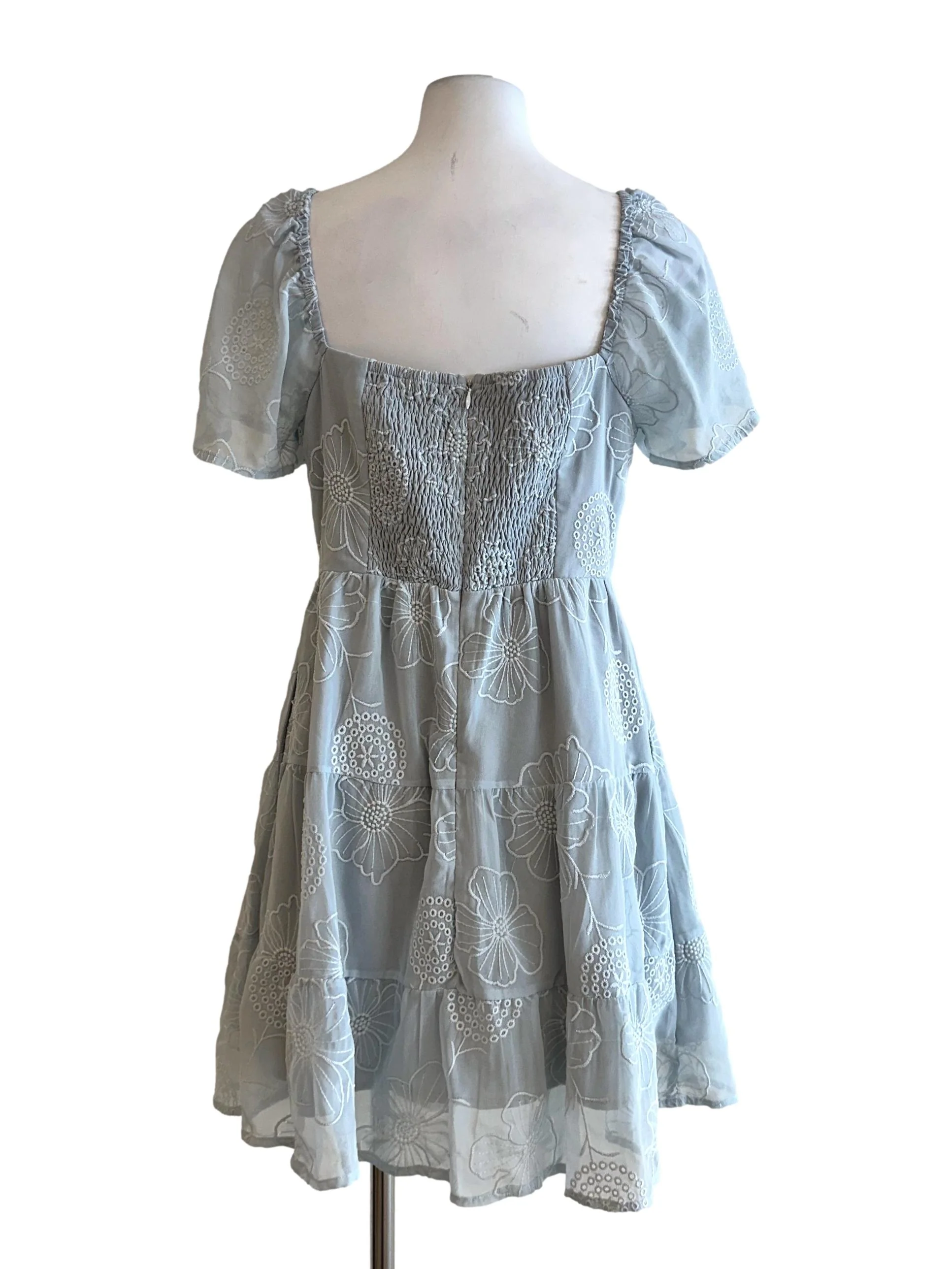 Ash Blue Padded Flower Embroidery Mini Dress - Image 2