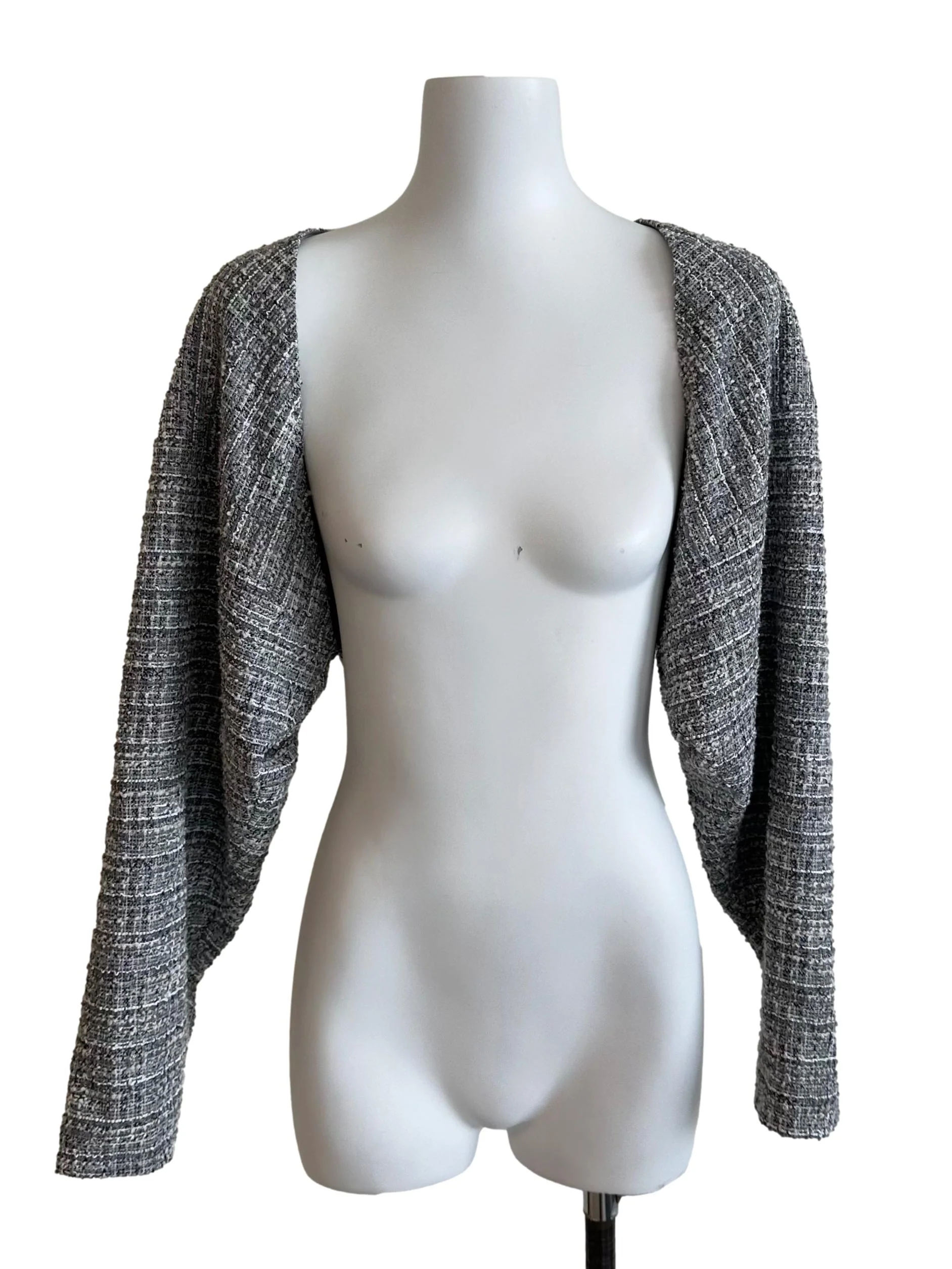 Ash Blue Tweed Textured Front Open Crop Cardigan
