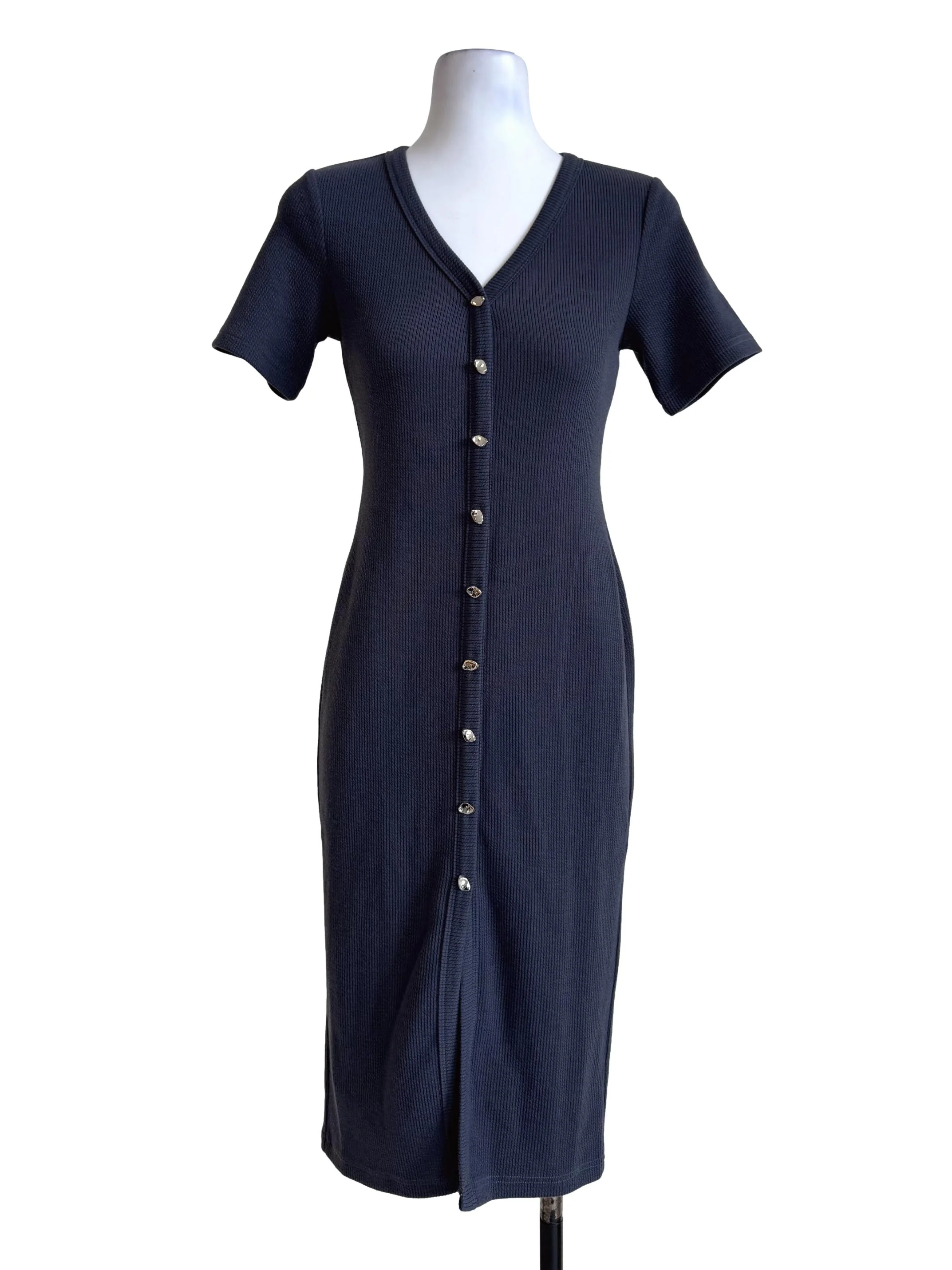 Ash Blue V Neck Ribbed Midi Dress