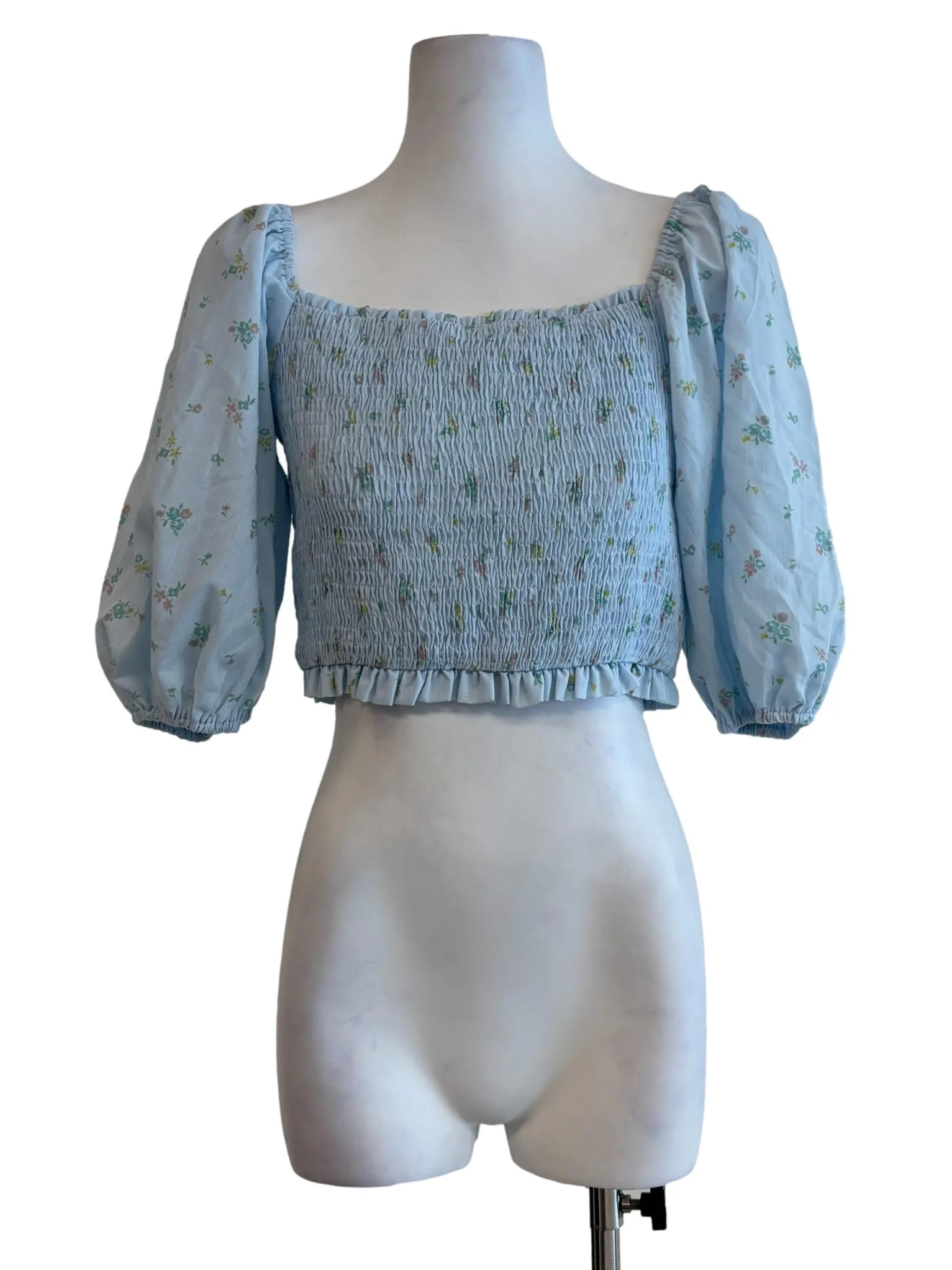 Baby Blue Long Sleeve Smocked Cotton Blouse