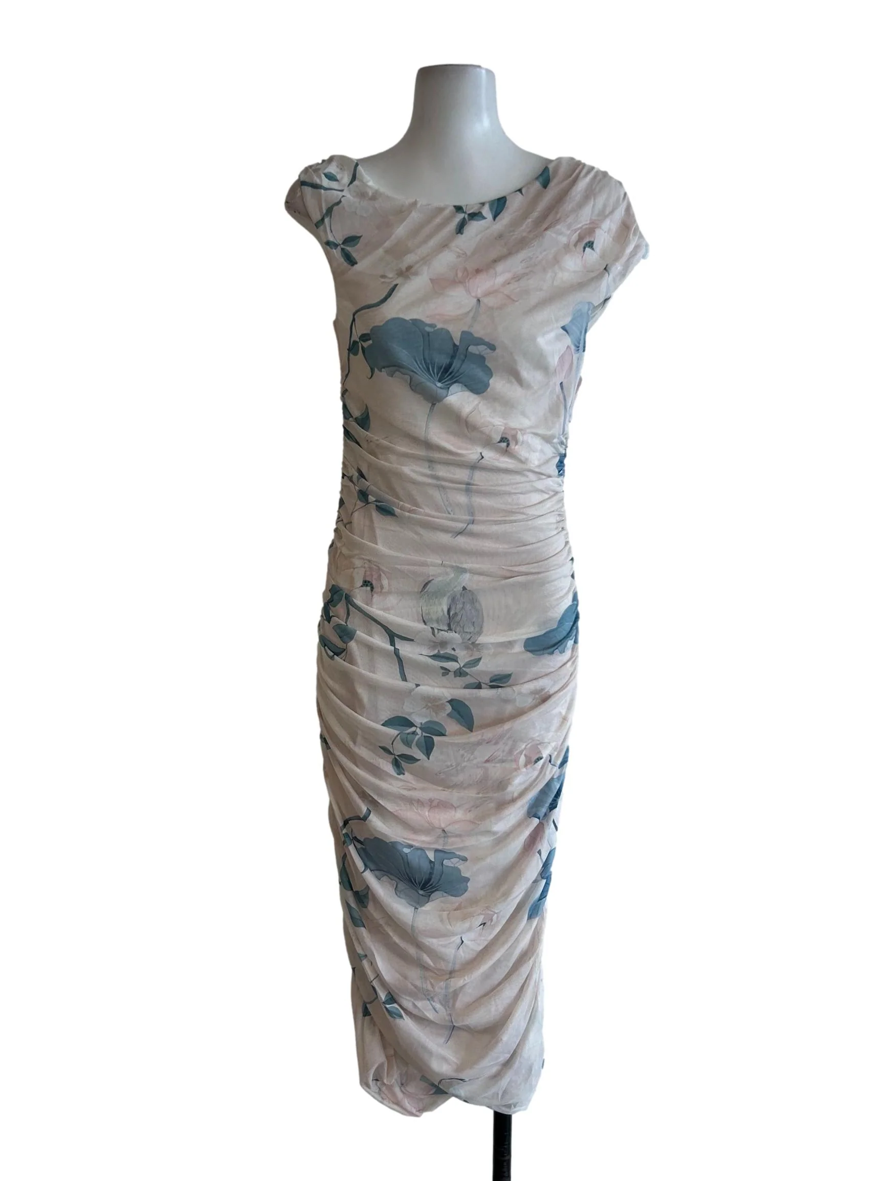 Beige And Blue Floral Mesh Dress