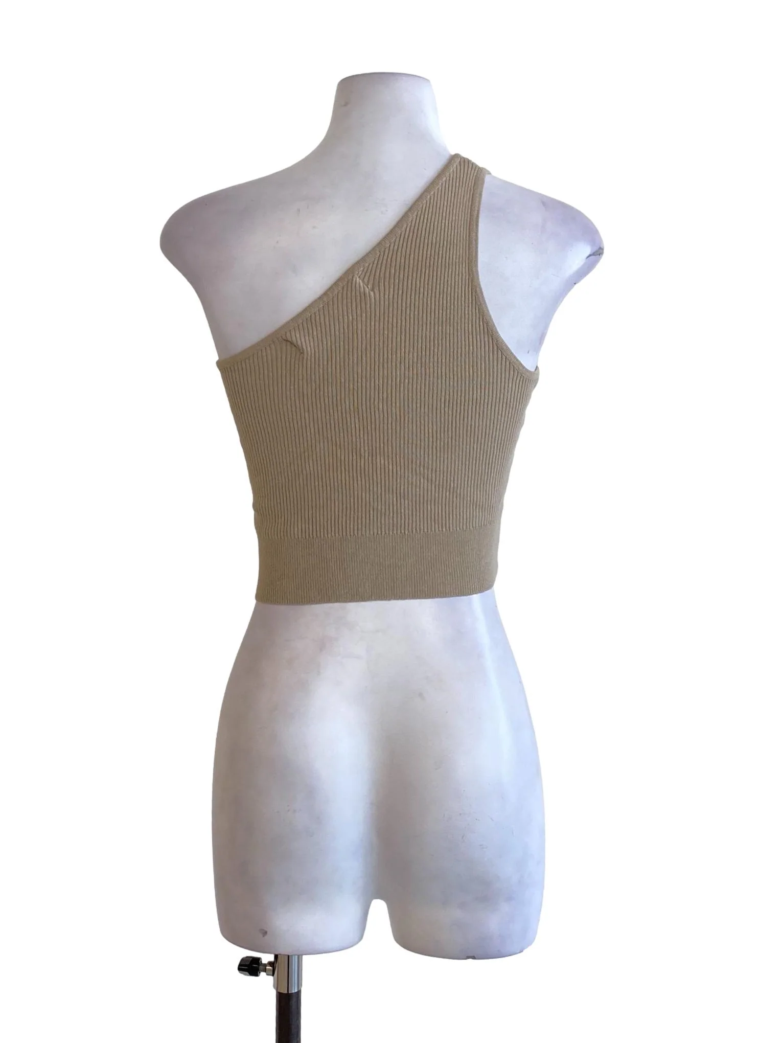 Beige Brown One Shoulder Fit Knitted Cropped Top - Image 2