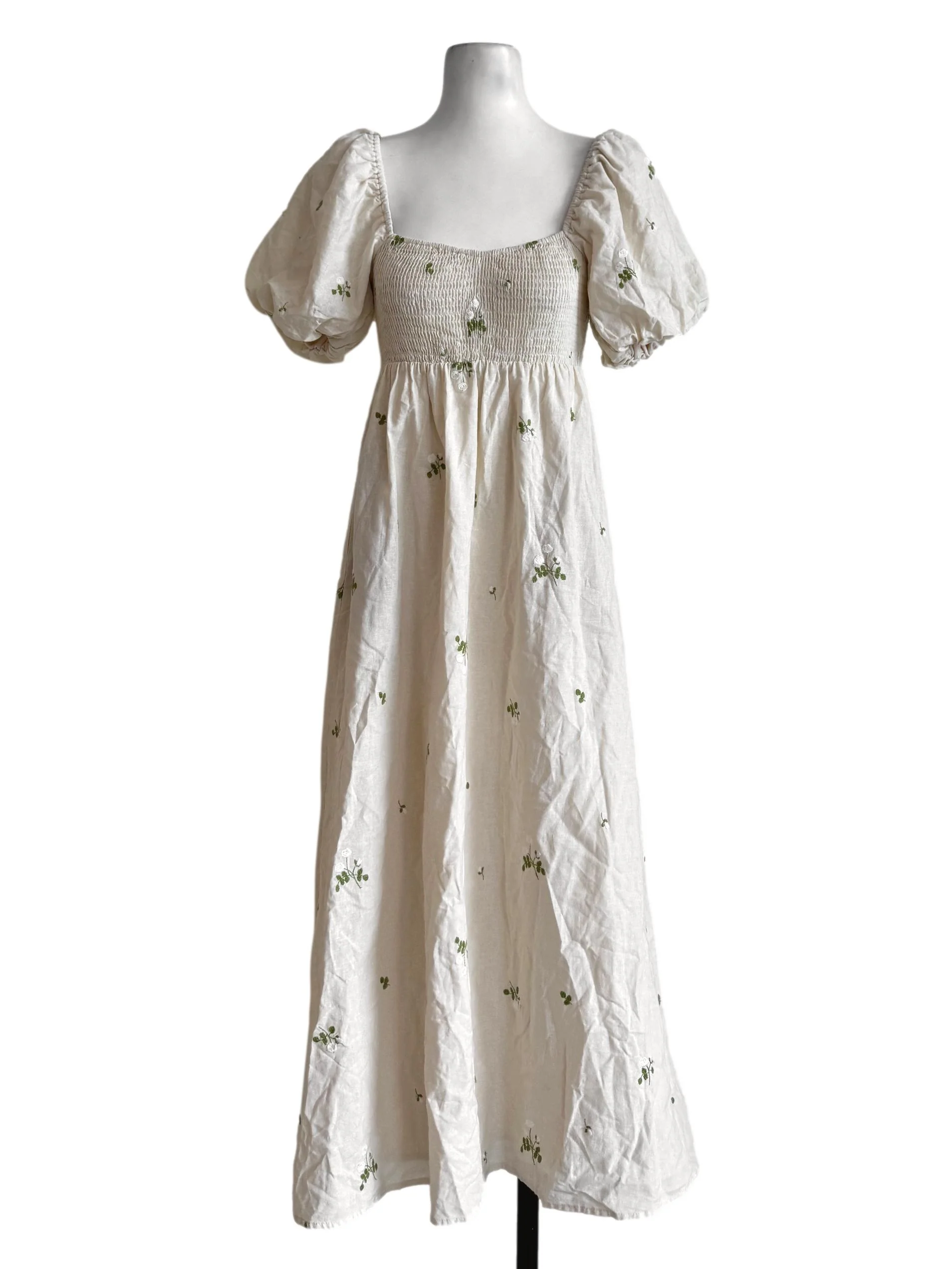 Beige Embroidery Bubble Sleeve Dress