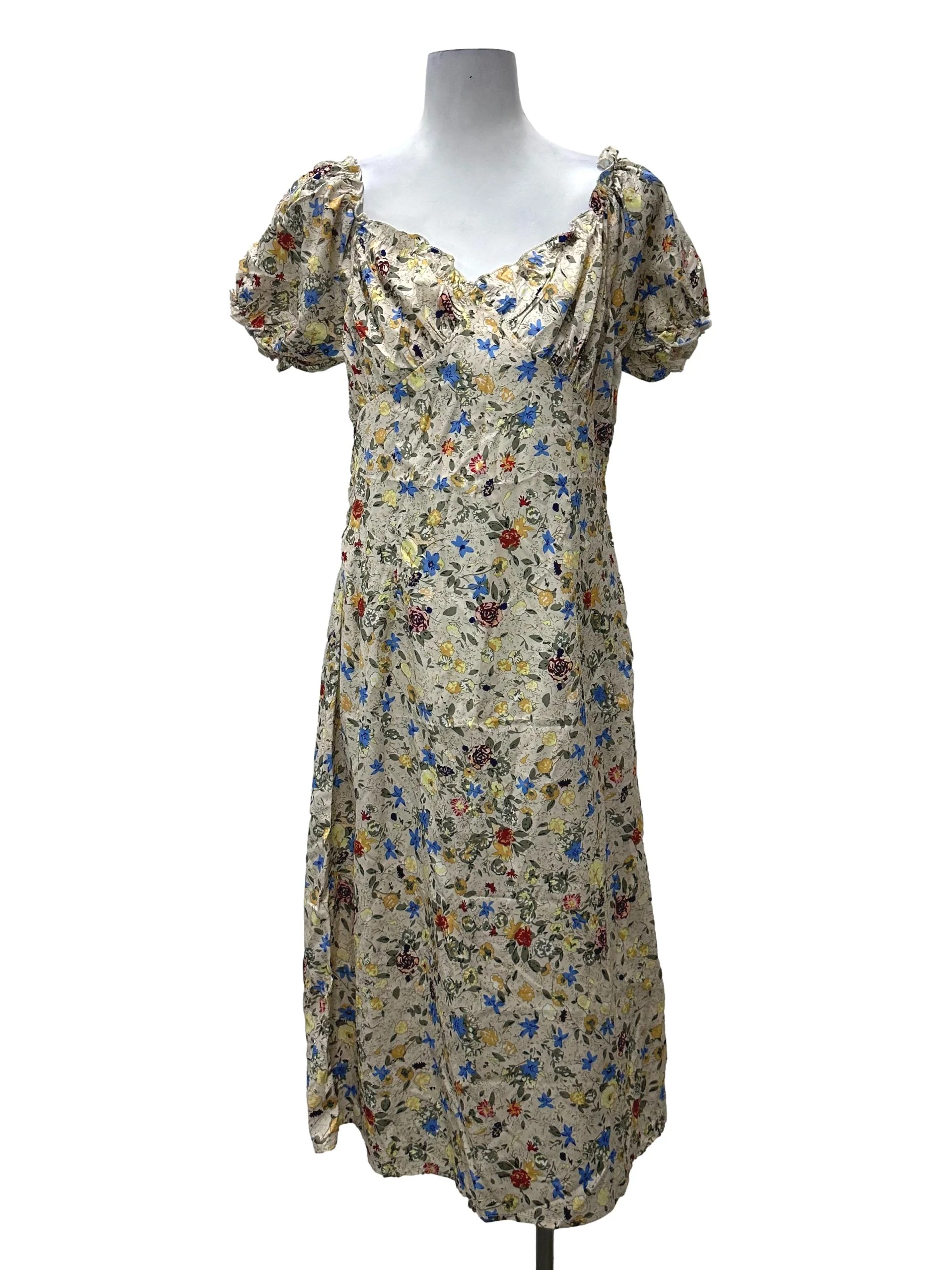 Beige Floral Puffy Sleeve Dress
