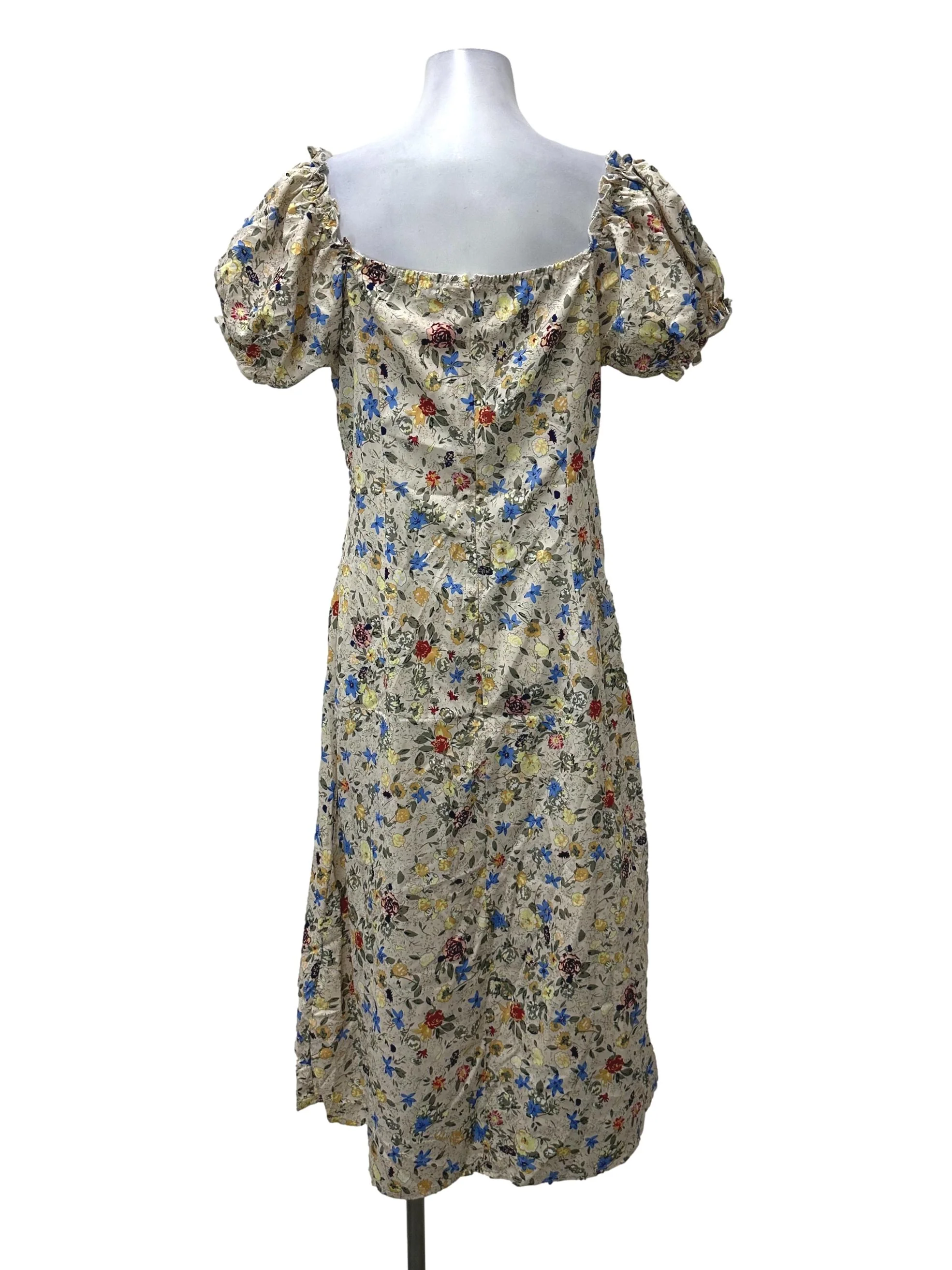 Beige Floral Puffy Sleeve Dress - Image 2