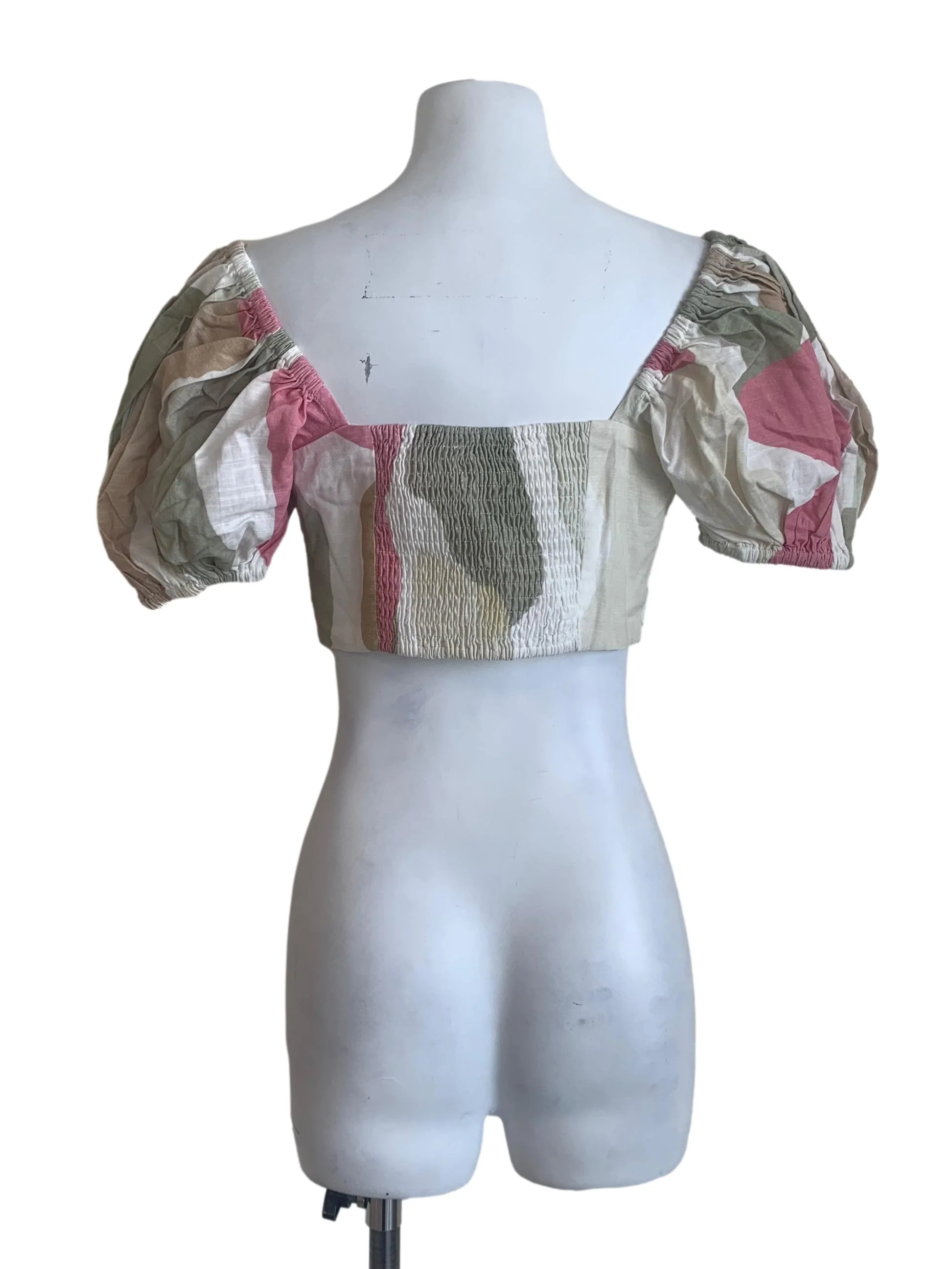 Beige Pattern Puffed Crop Top - Image 2