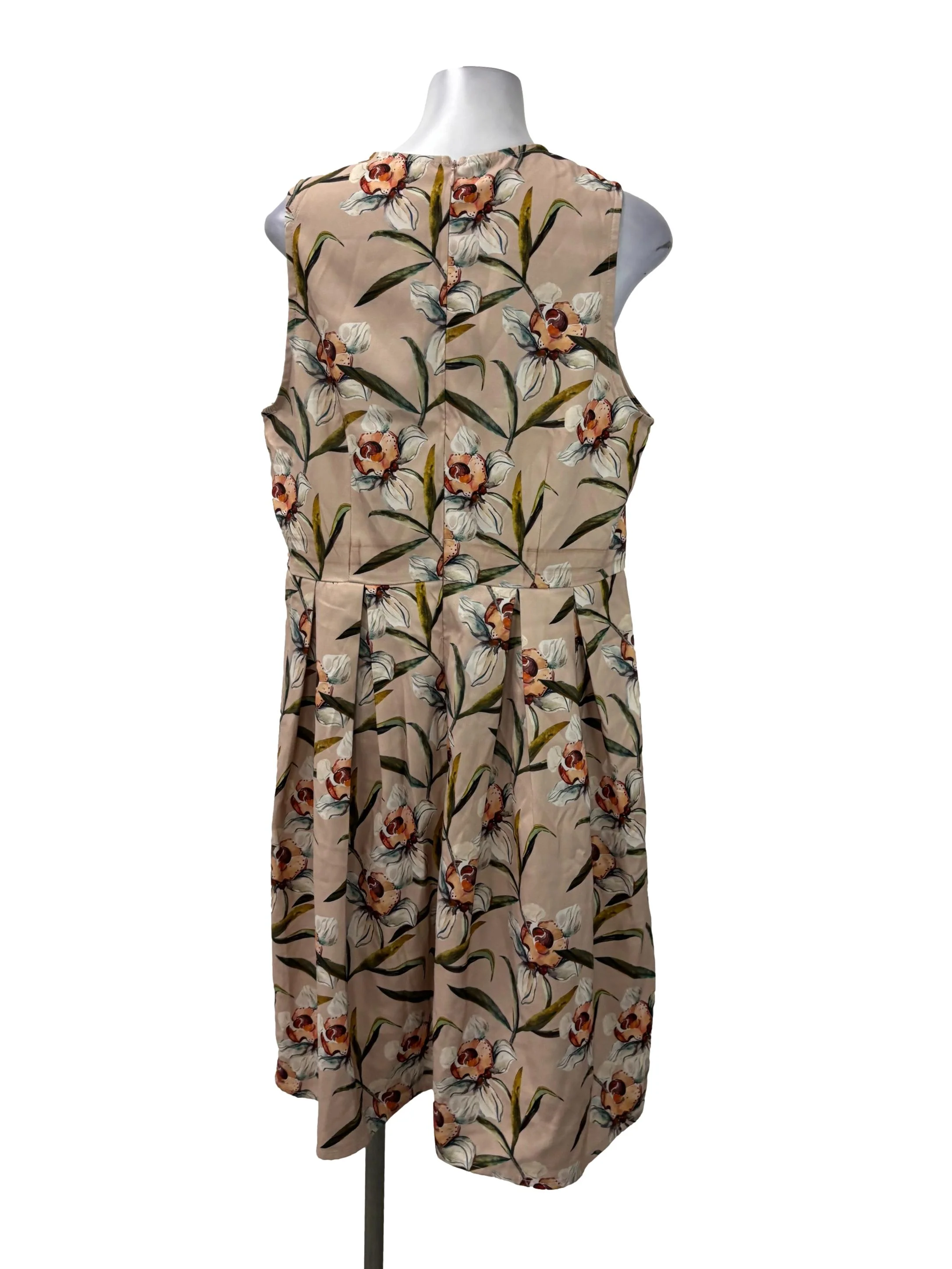 Beige Roundneck Floral Sleeveless Midi Dress - Image 2
