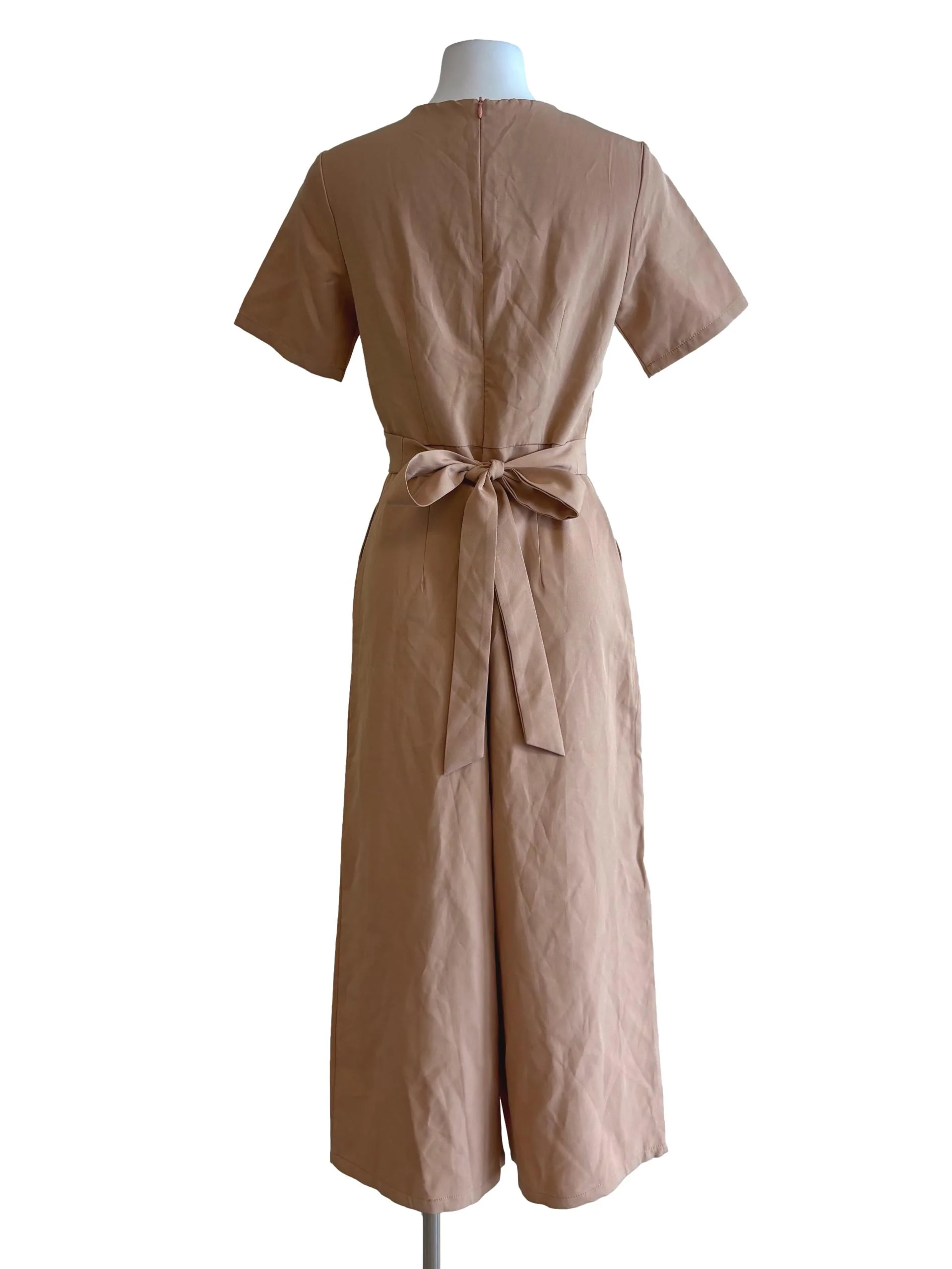 Beige Short Sleeve Back Tie Jumpsuit - Image 2