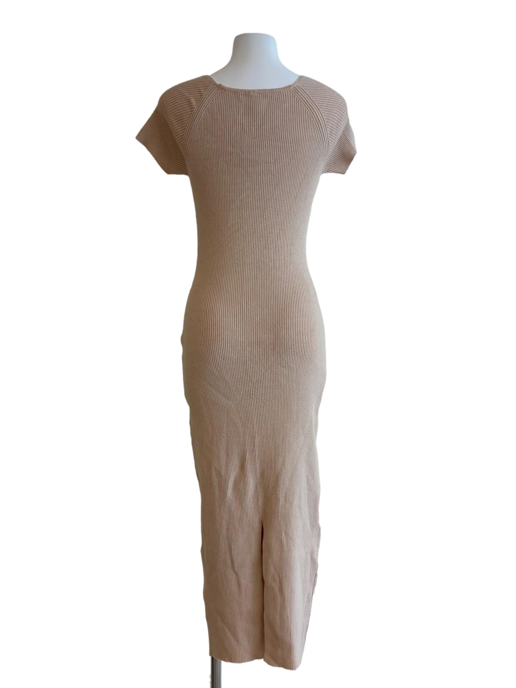 Beige Short Sleeve Ribbed Bodycon Dress - Image 2