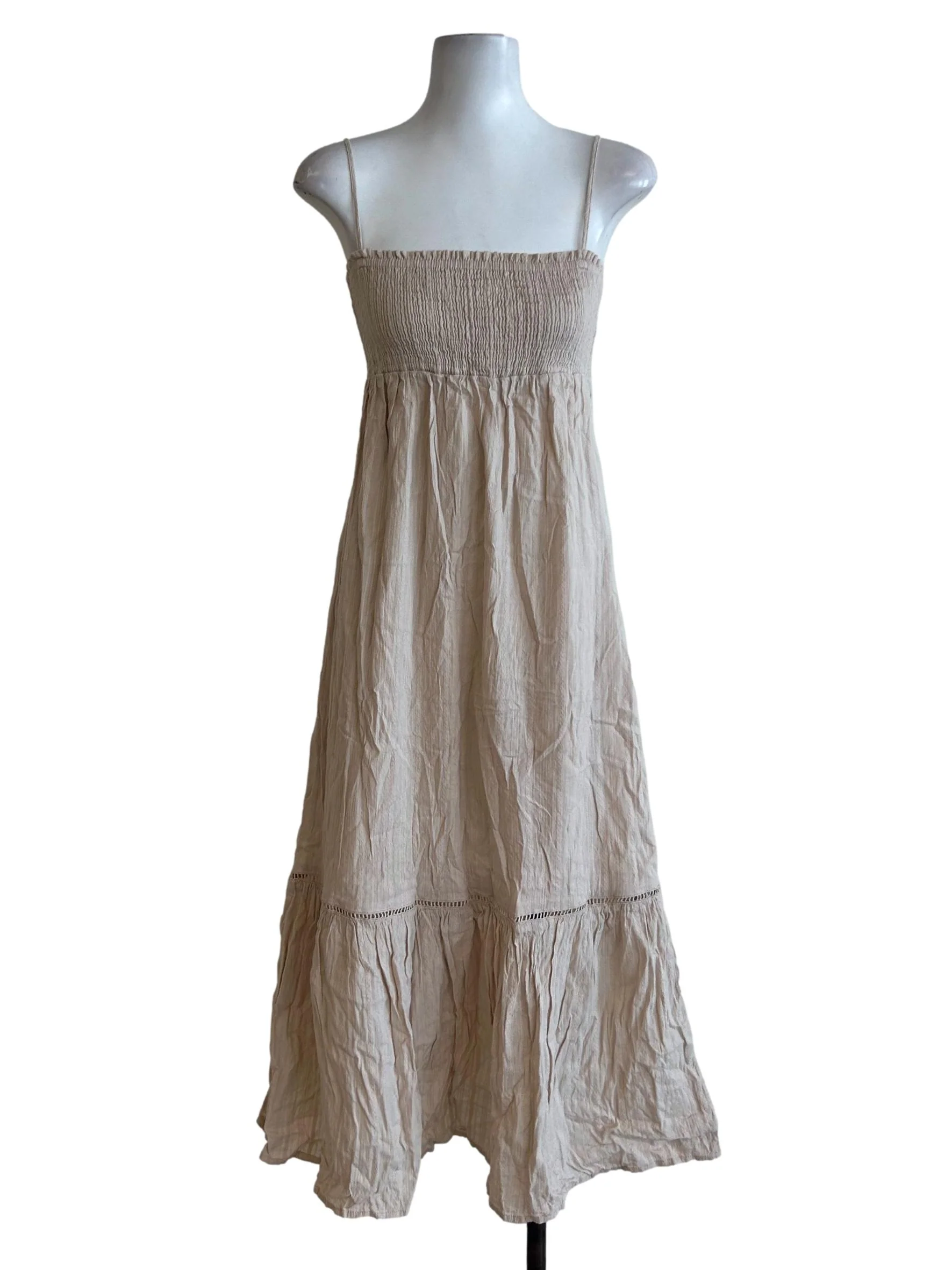Beige Smocked Midi Dress