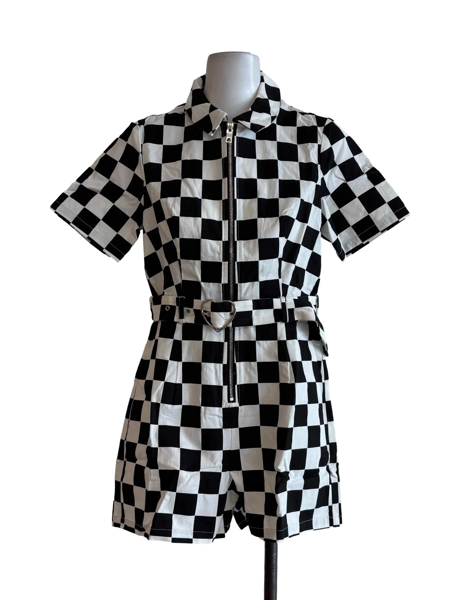 Black And White Checkered Short Sleeve Rompers