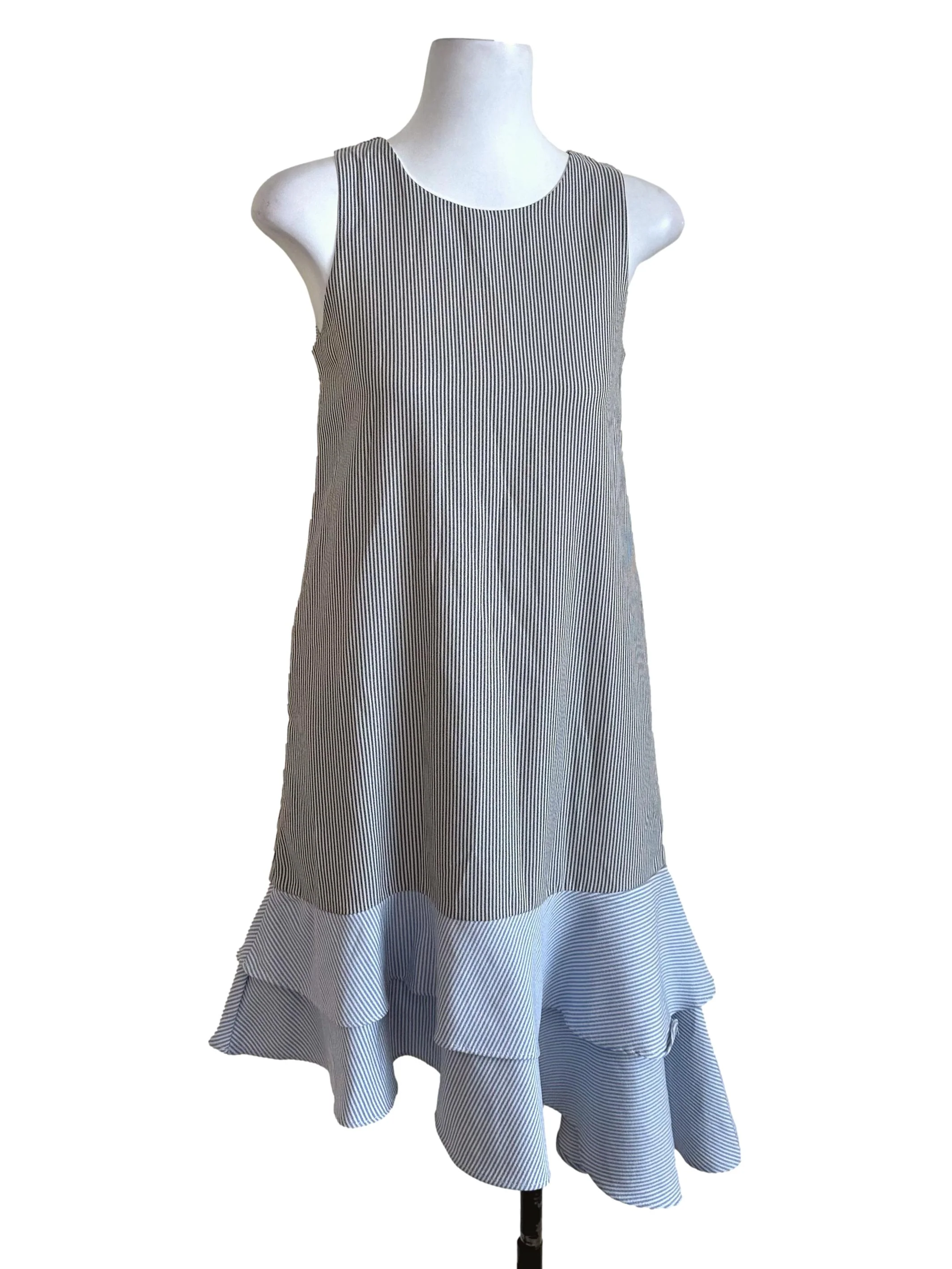 Black Blue Stripe Ruffle Dress
