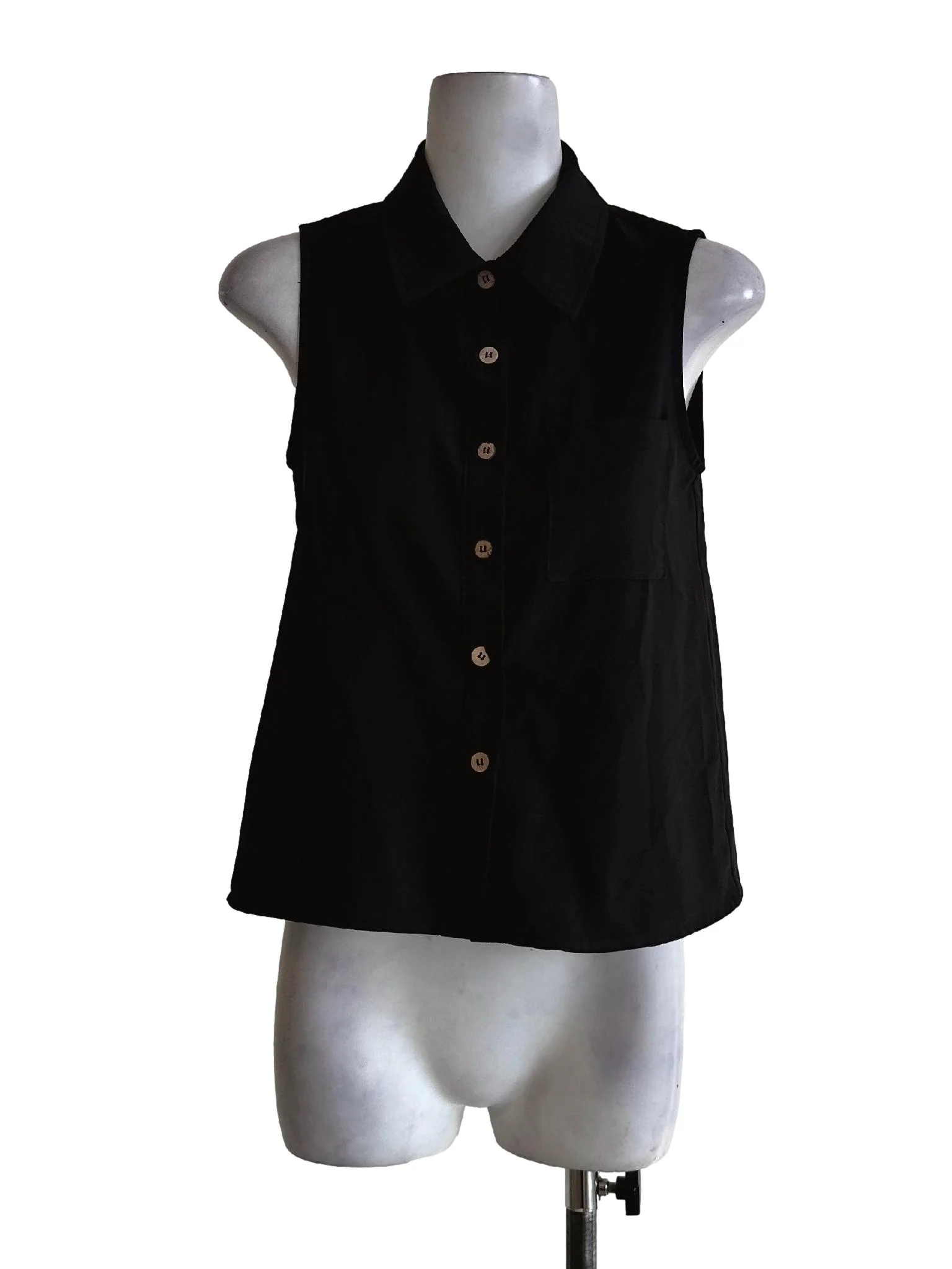 Black Collar Button Sleeveless Top