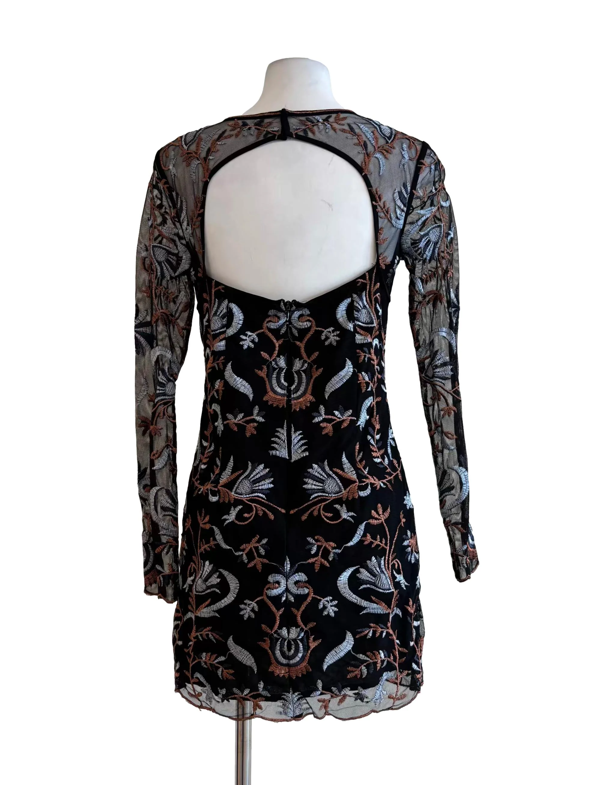 Black Fitted Long Sleeve Lace Dress - Image 2