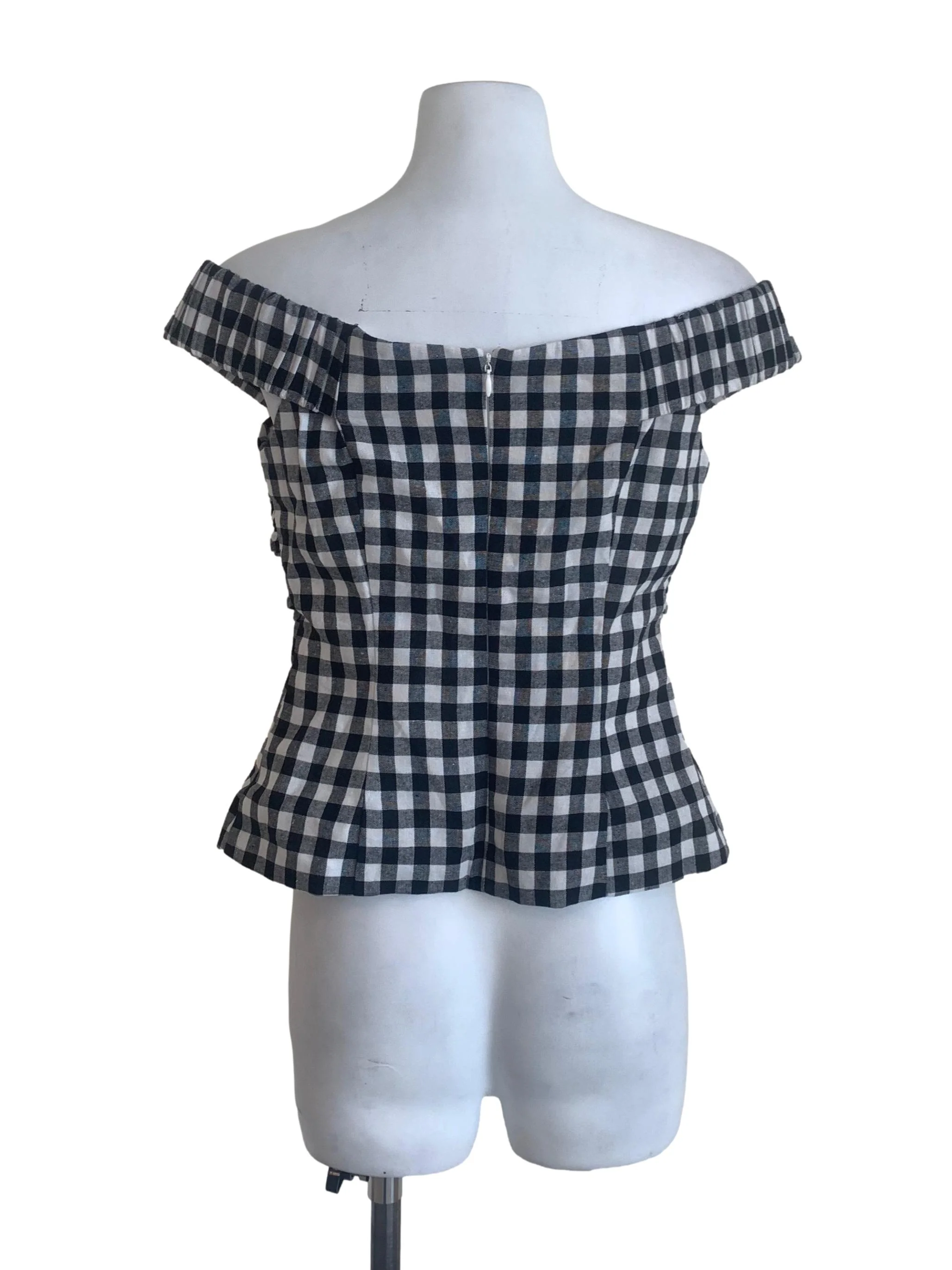 Black Gingham Pattern Off Shoulder Top - Image 2