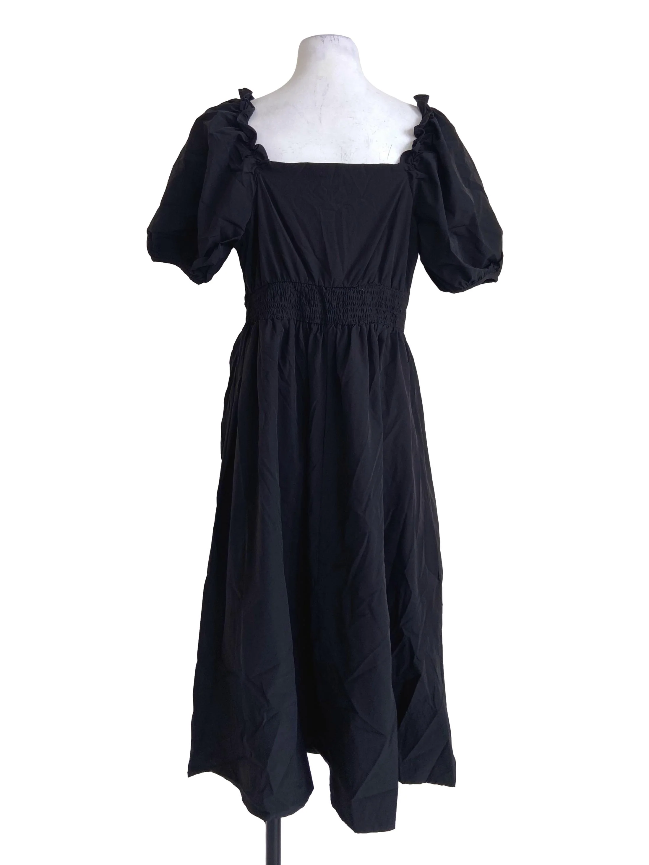 Black Half Button Down Square Neck A-Line Dress - Image 2