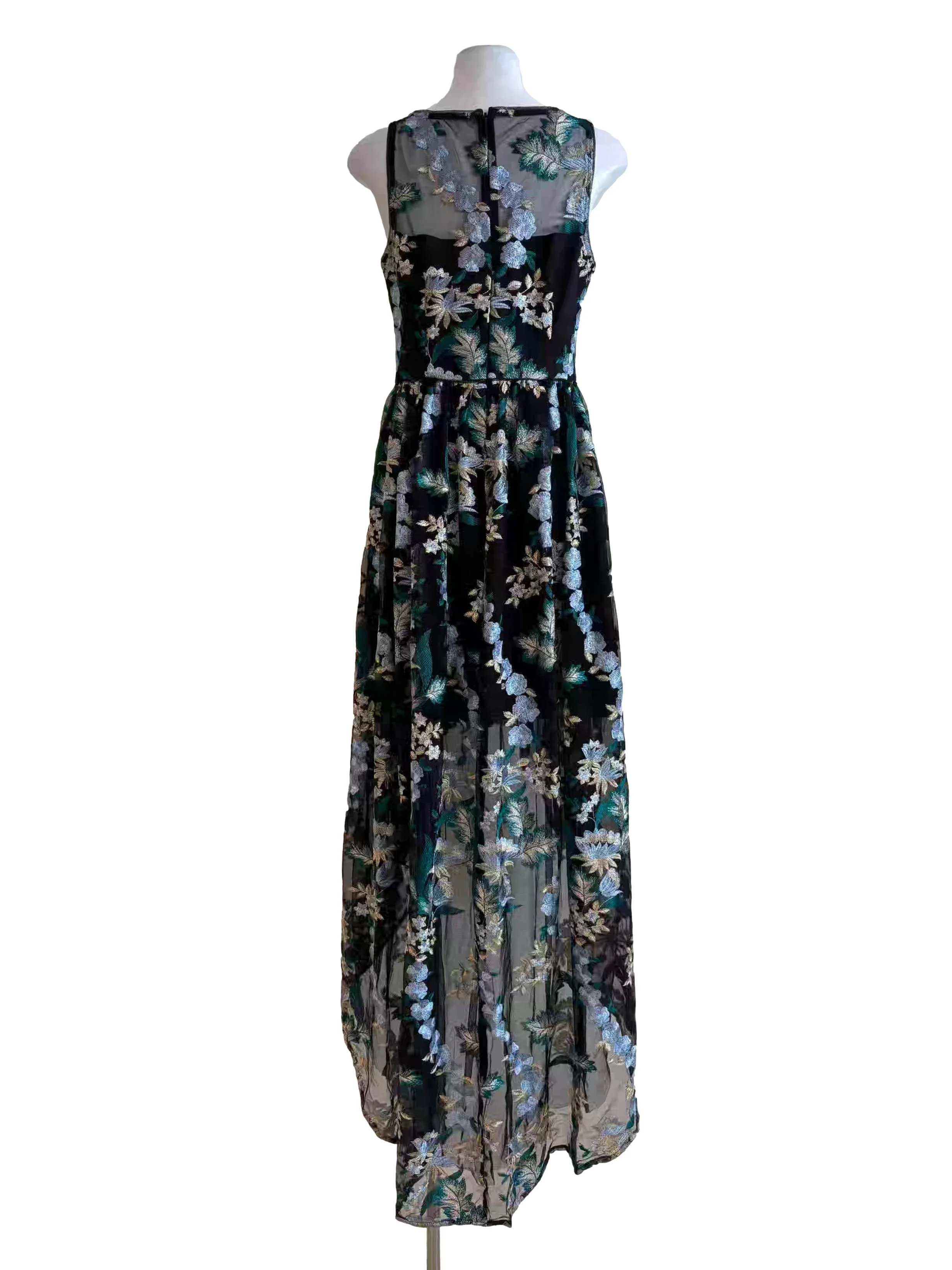 Black Lace Blue Floral Embroidered Train Dress - Image 2