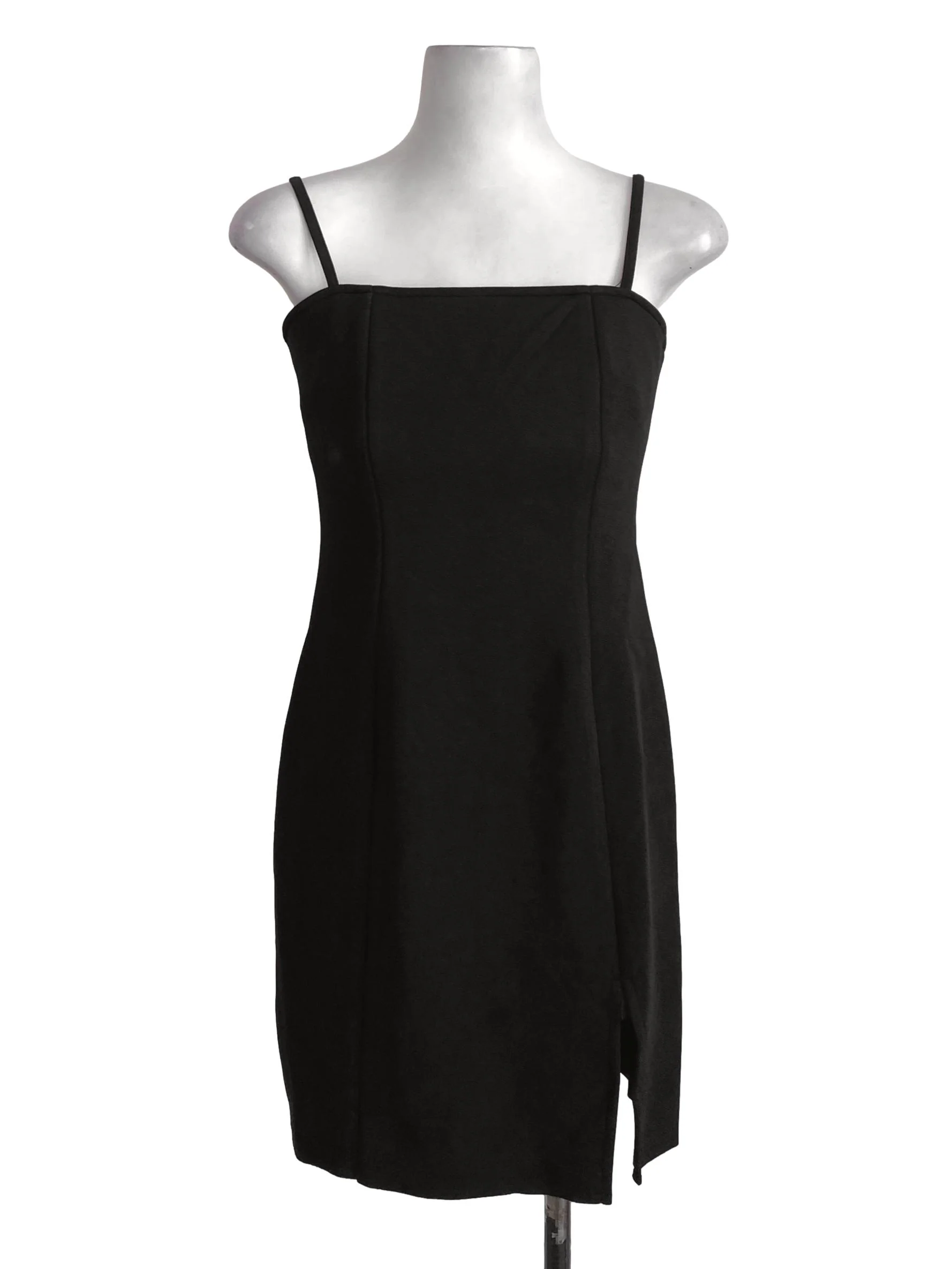 Black Plain Spaghetti Strap Mini Bodycon Slit Dress