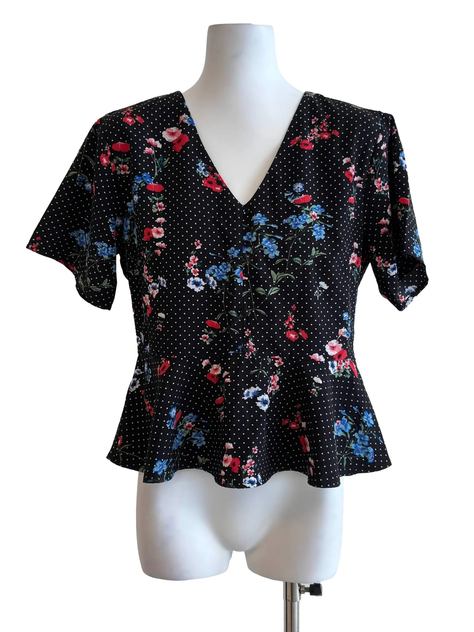 Black Polka Dots Floral Print Peplum Top