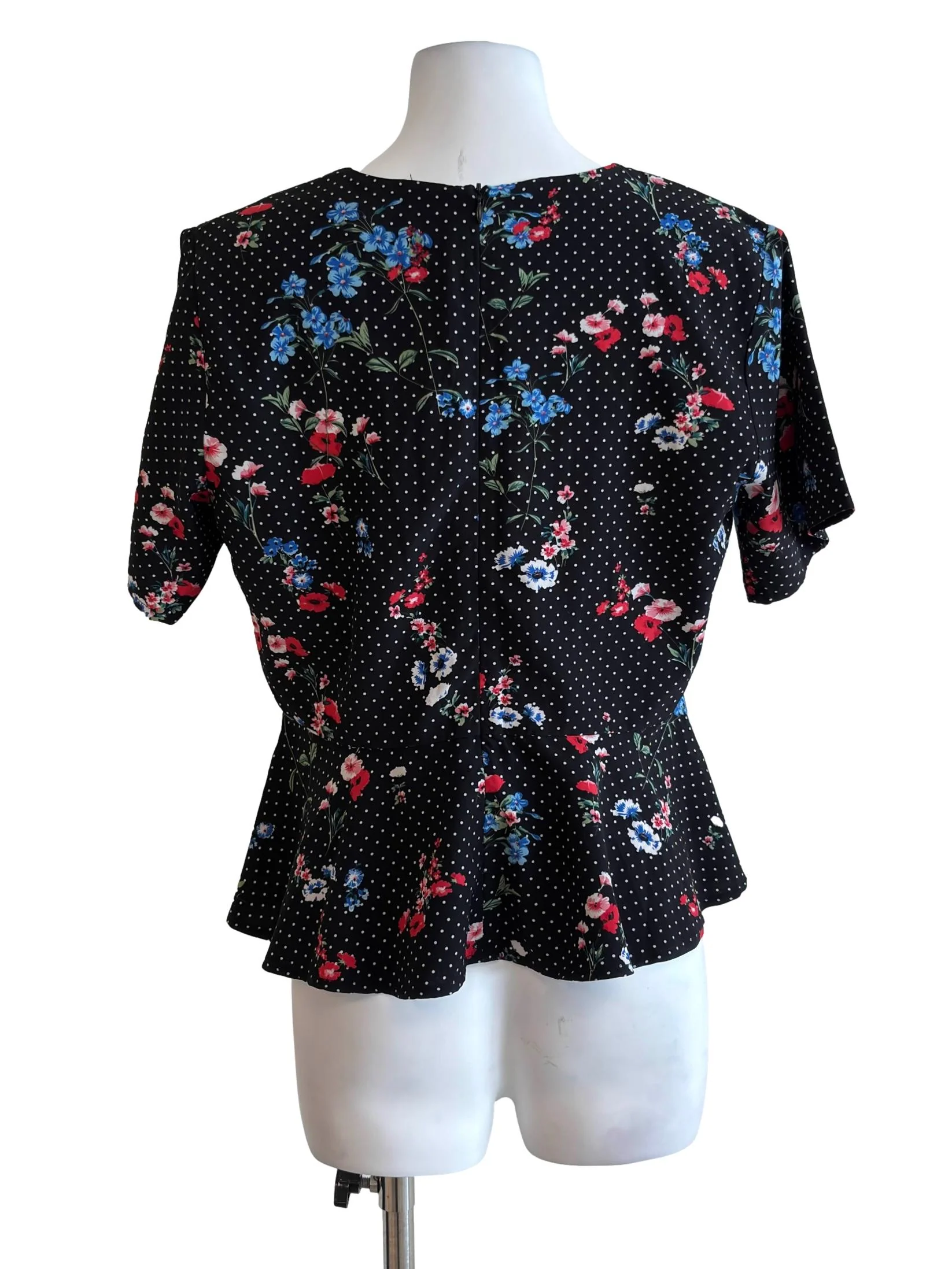 Black Polka Dots Floral Print Peplum Top - Image 2