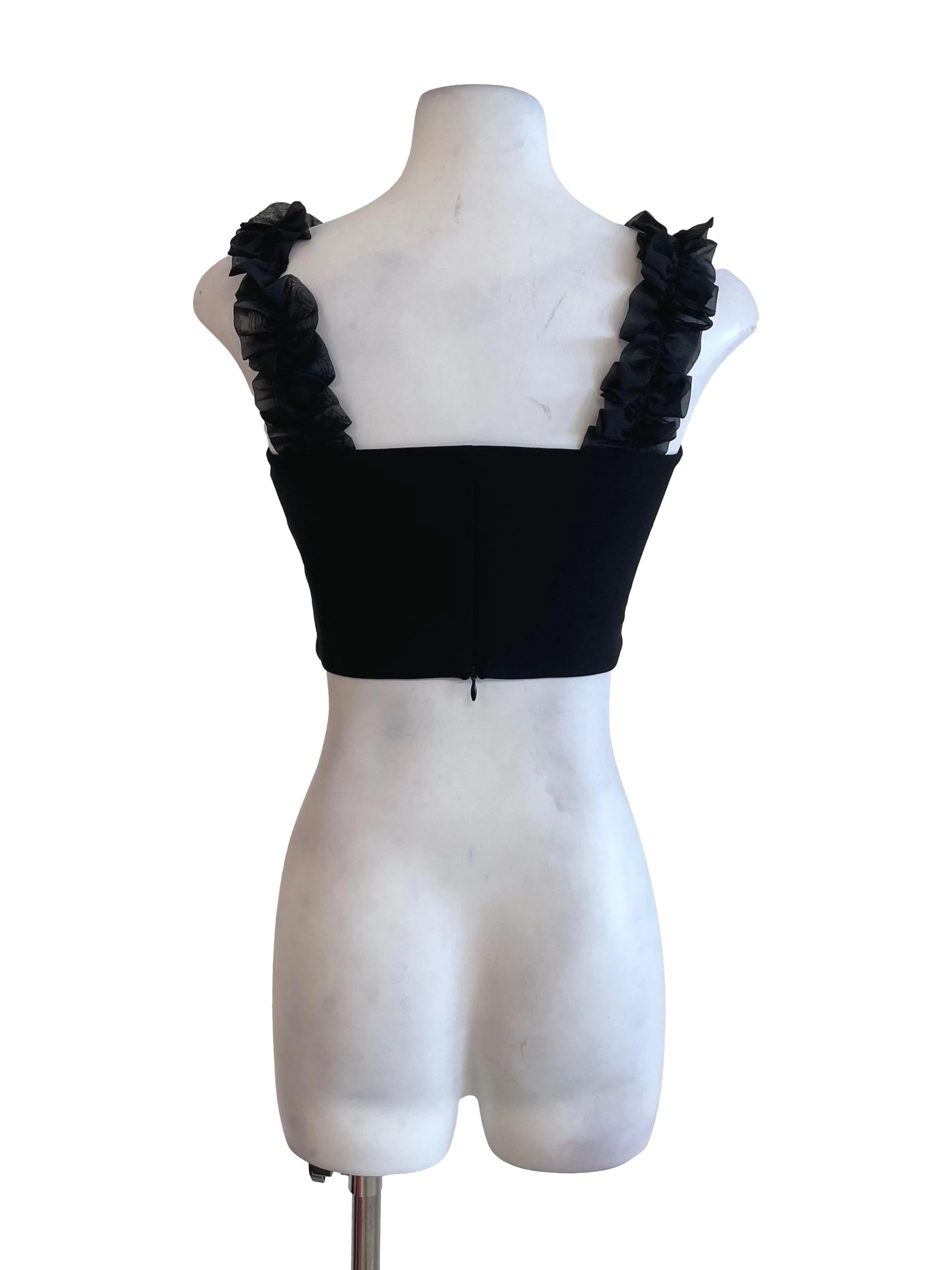 Black Ruffle Mesh Straps Crop Top - Image 2