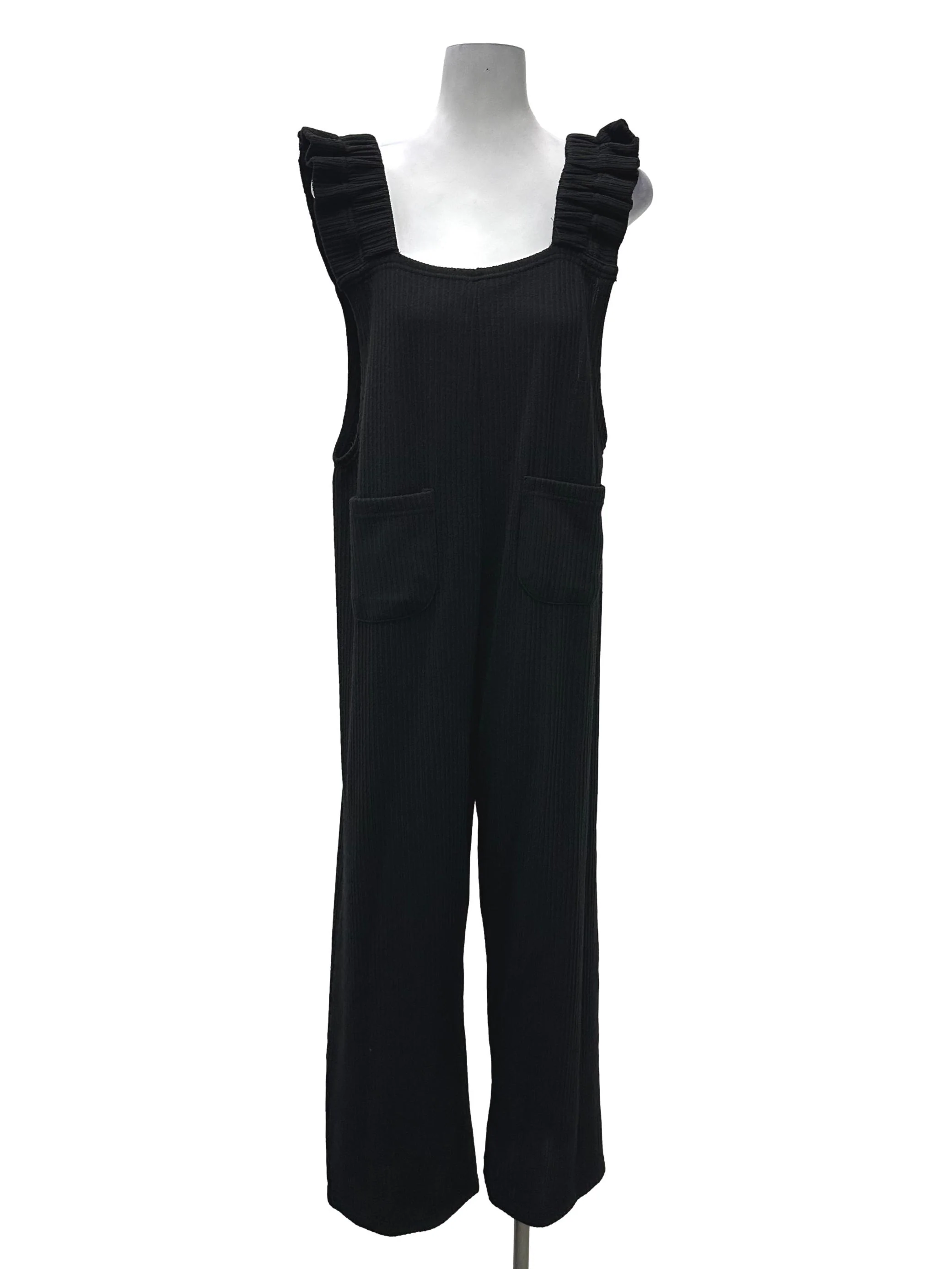 Black Ruffled Ribbed Jumpsuit