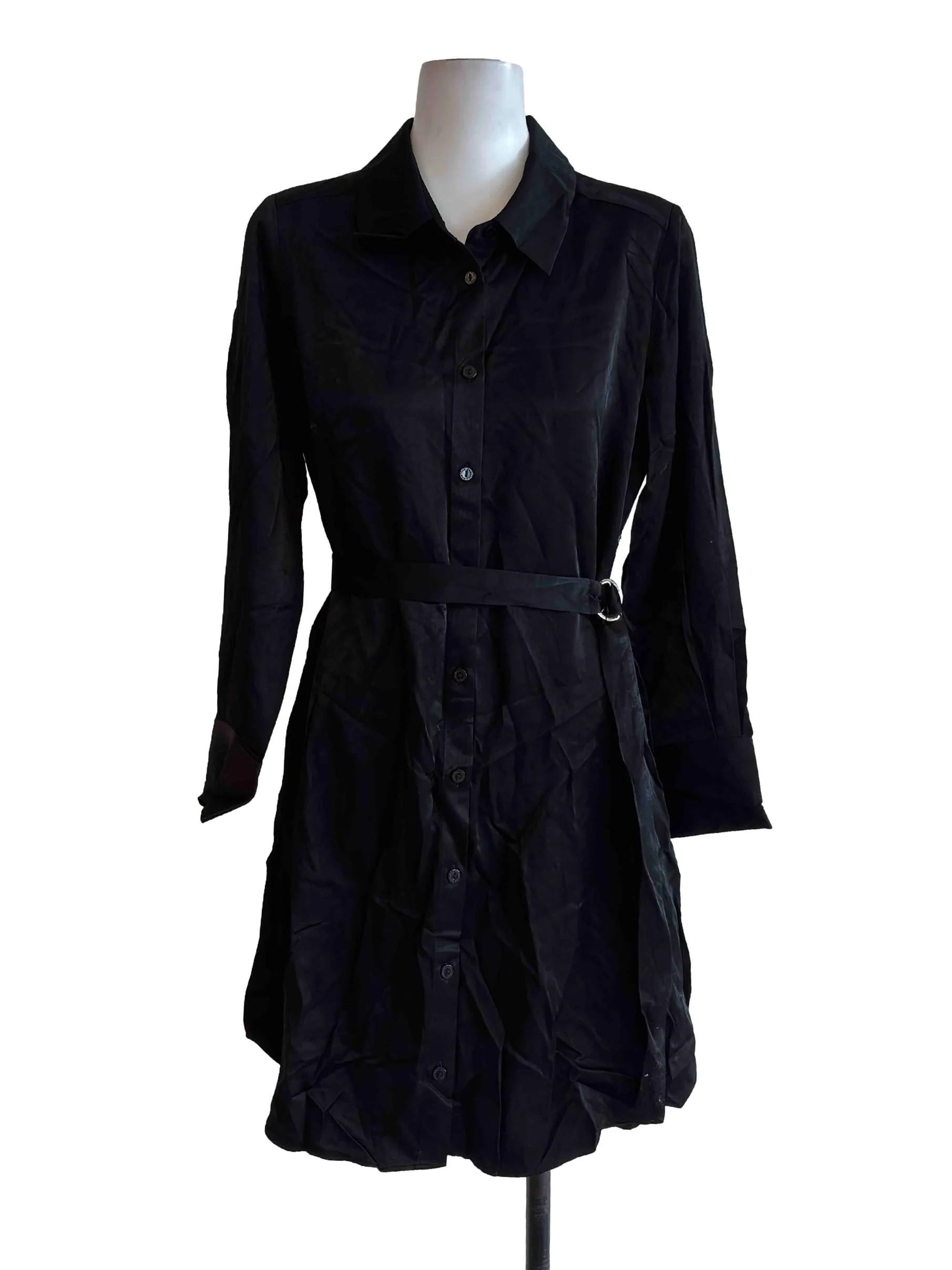 Black Satin Button Front Mini Dress