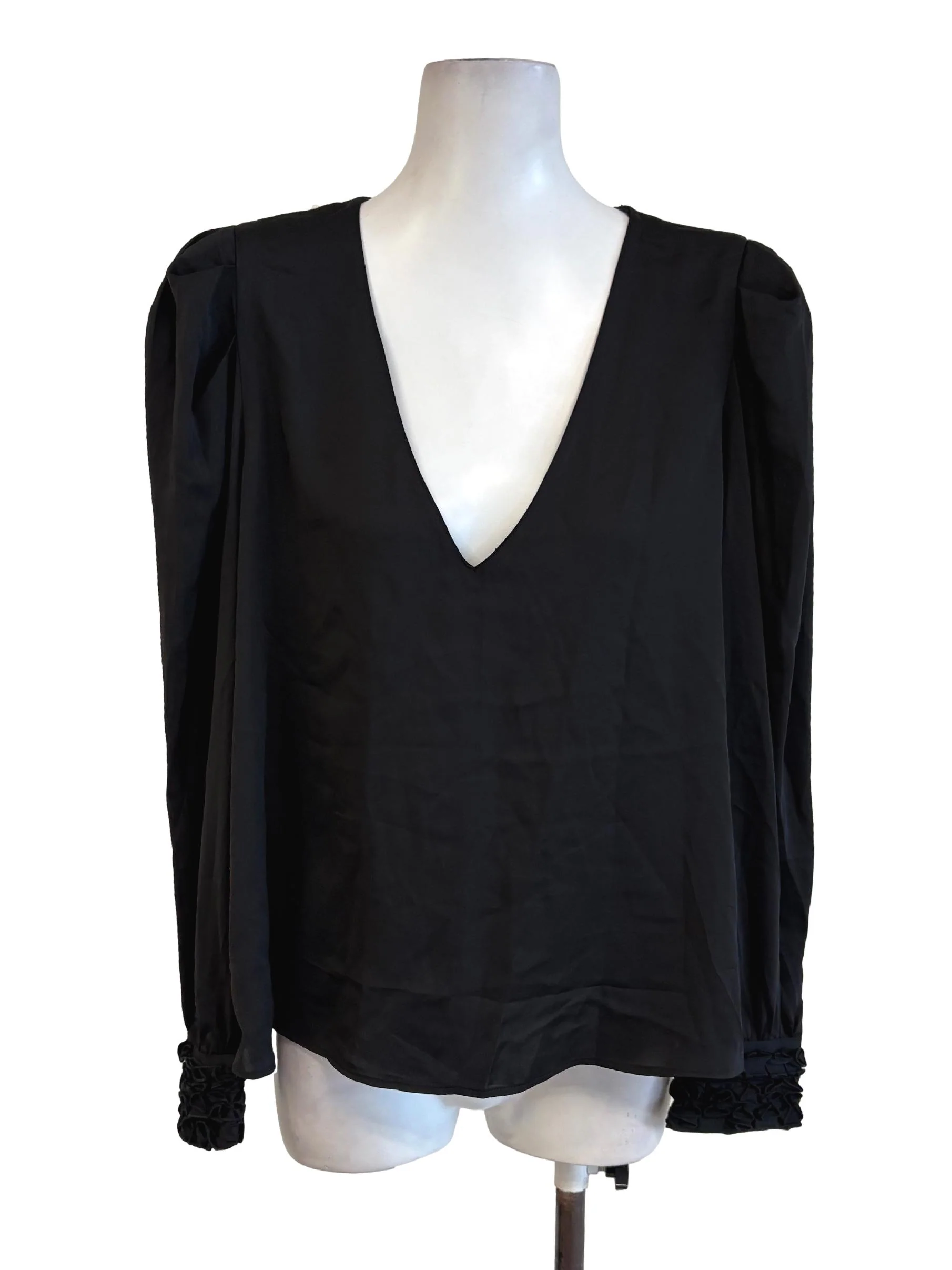 Black Satin Cuffed Sleeves Top