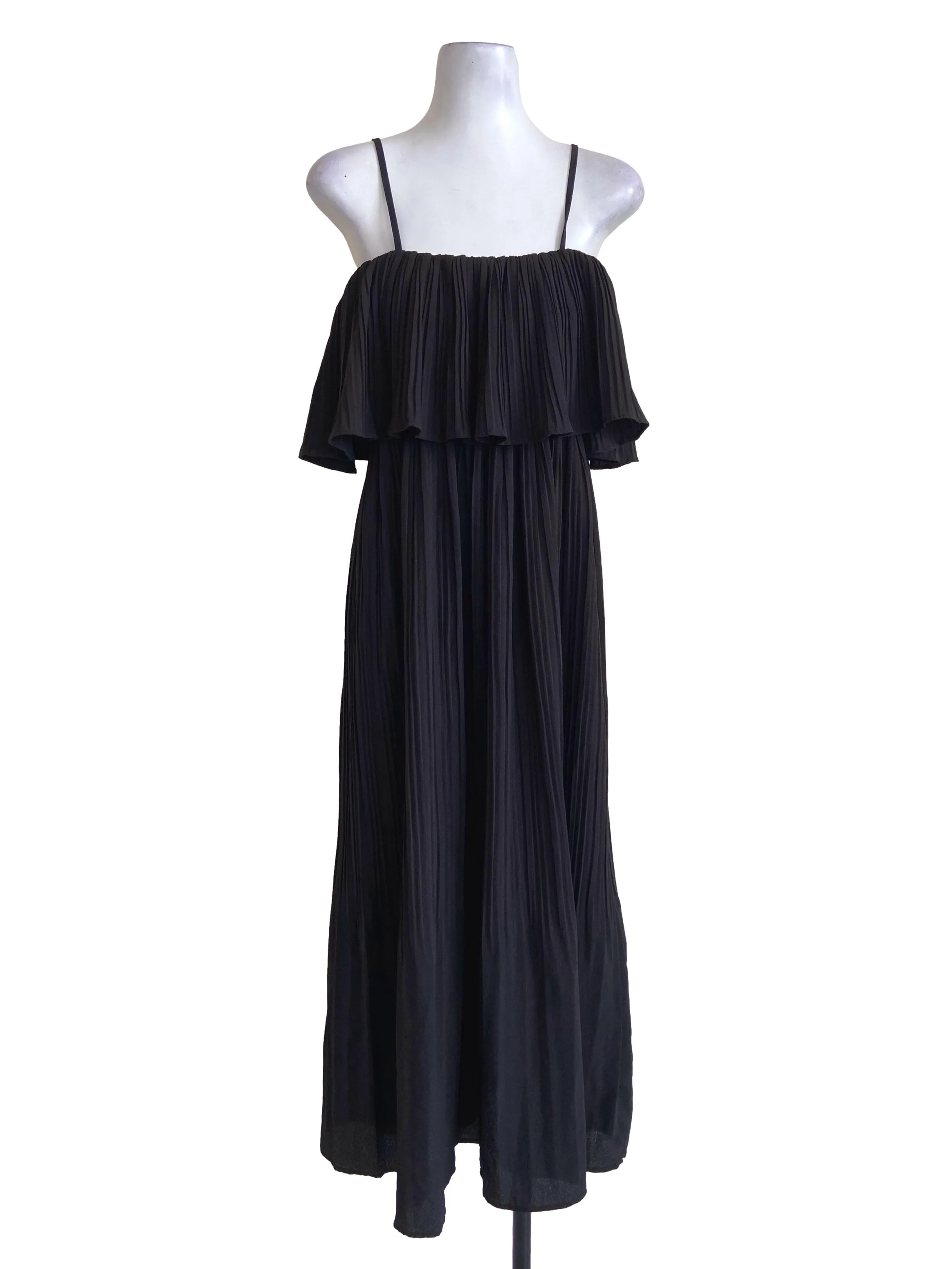 Black Spaghetti Straps Drop Shoulder Pleated Dress
