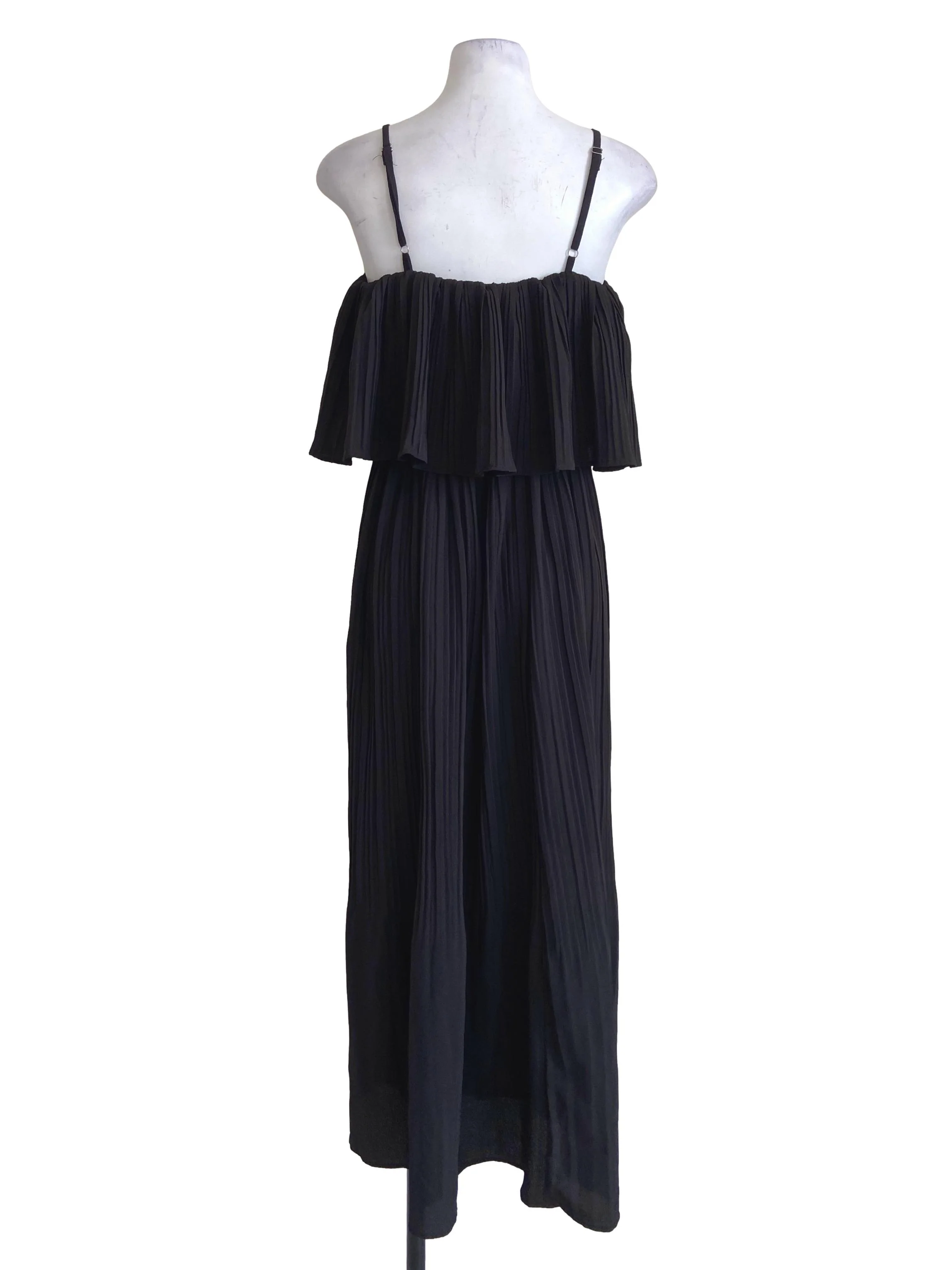 Black Spaghetti Straps Drop Shoulder Pleated Dress - Image 2
