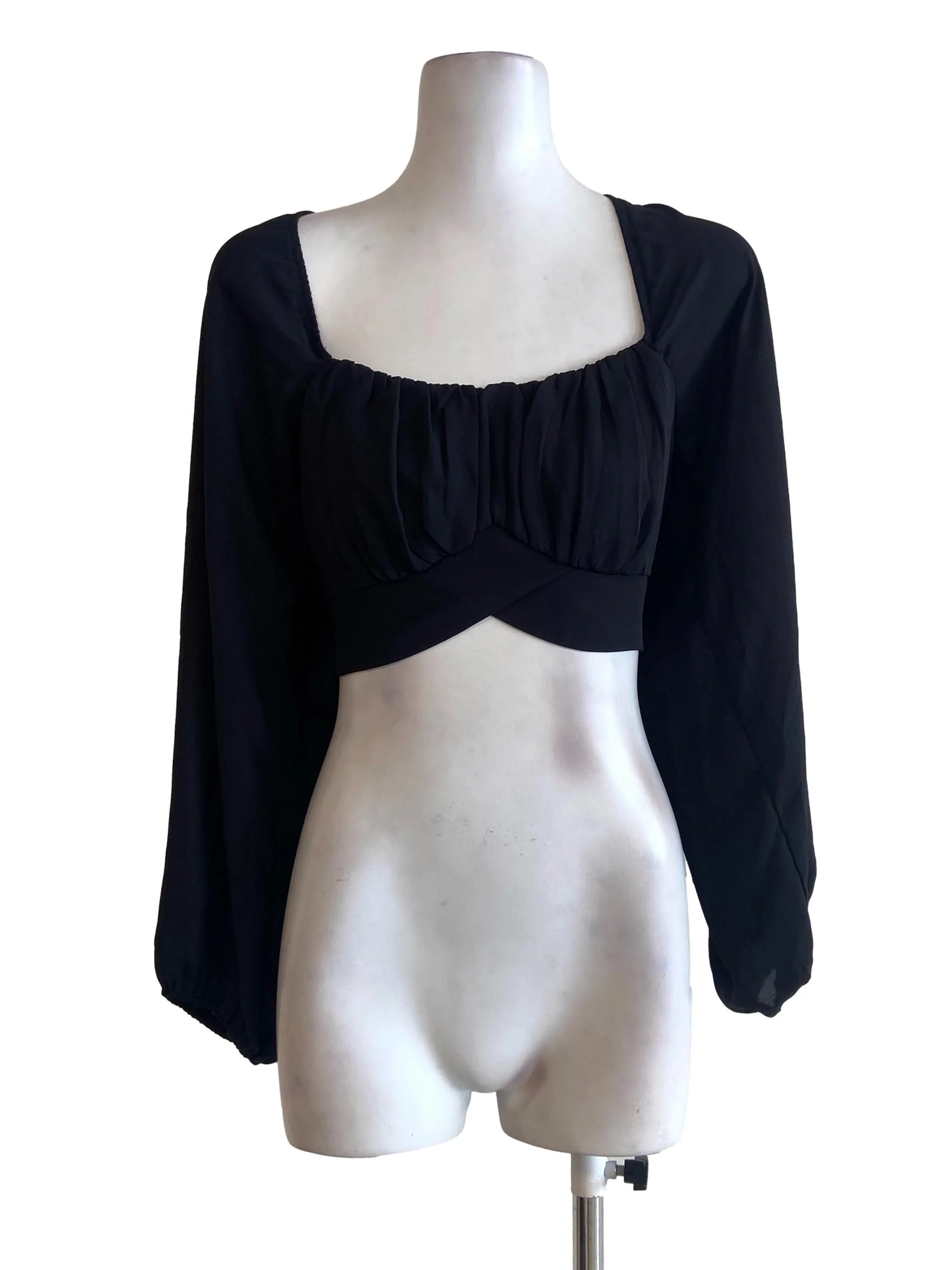 Black Square Neck Twill Crop Blouse