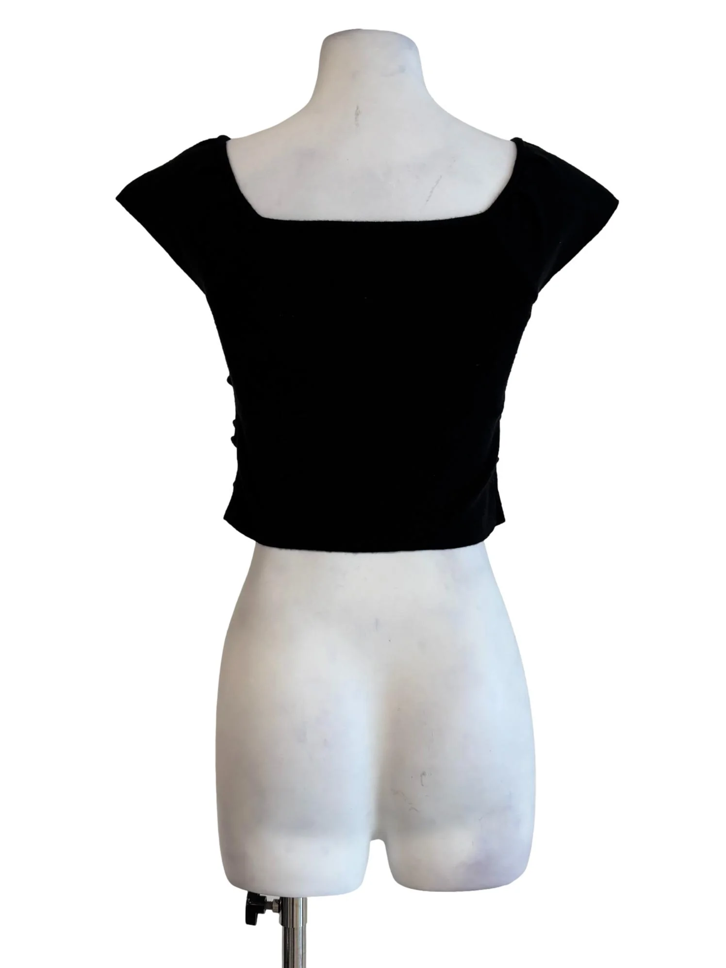 Black V-Neck Pearl Button Ribbed Top - Image 2
