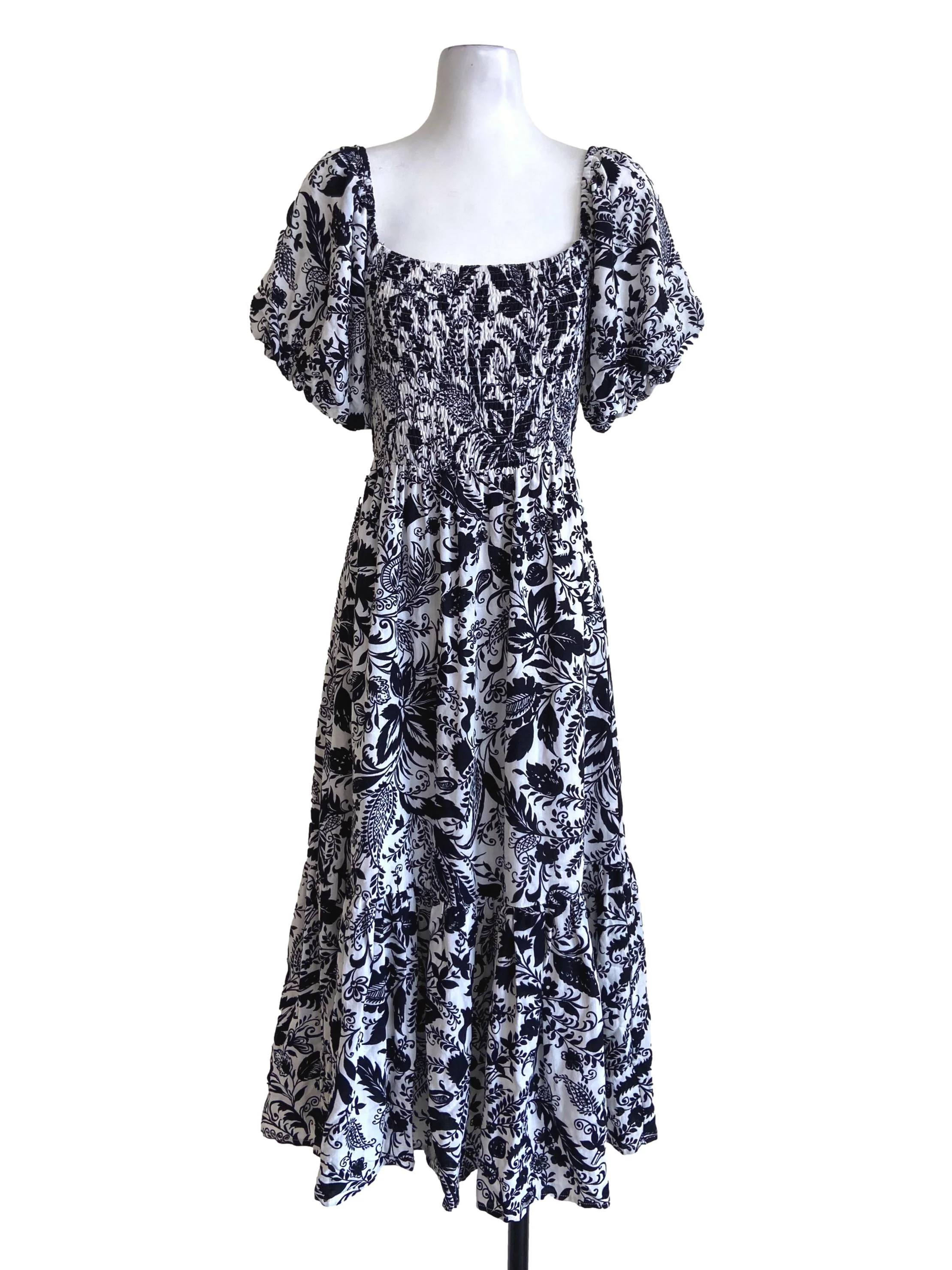 Black & White Floral Square Neck Stretchable Dress