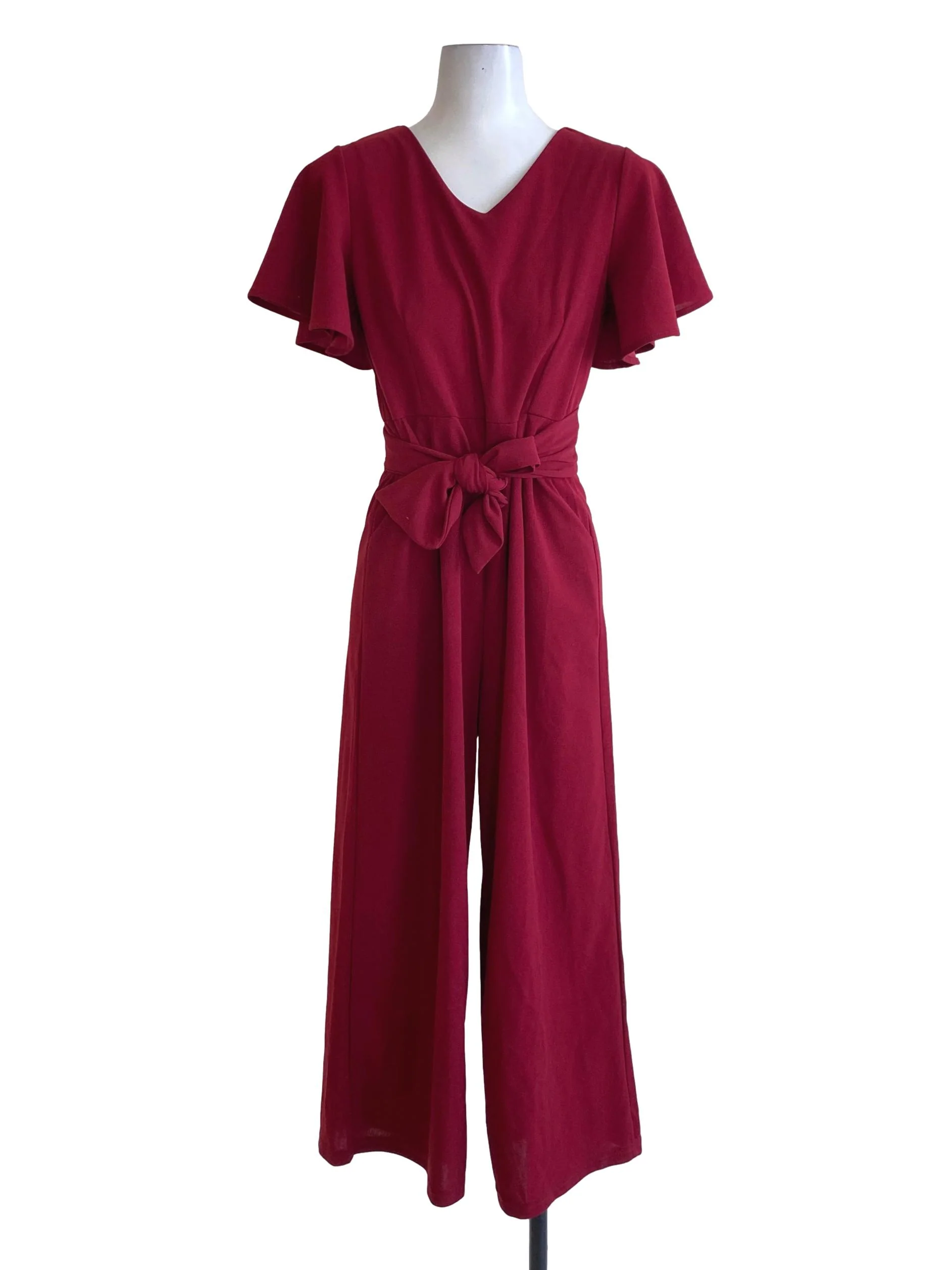 Blood Red V-Neck Cape Sleeve Jumpsuit