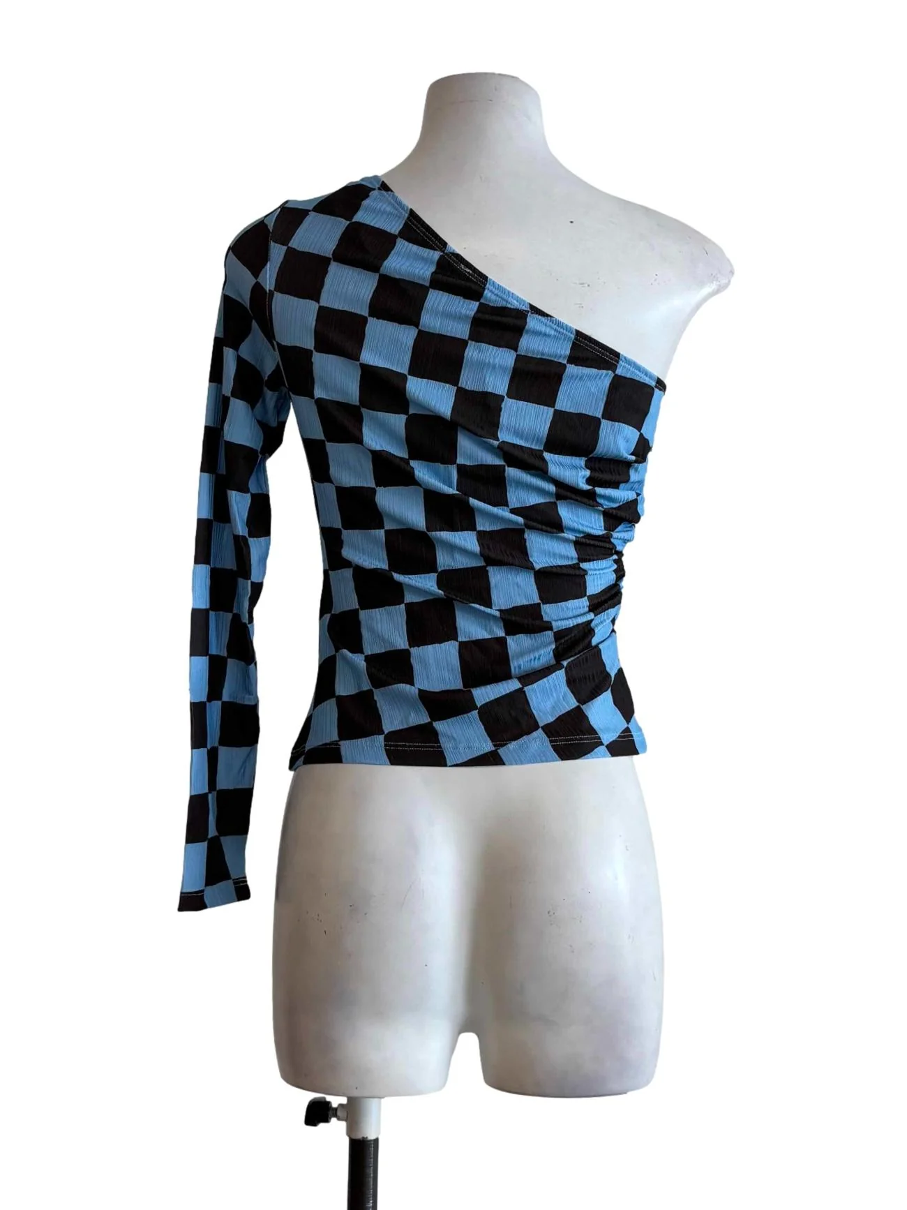 Blue And Black Checkered One Shoulder Top - Image 2