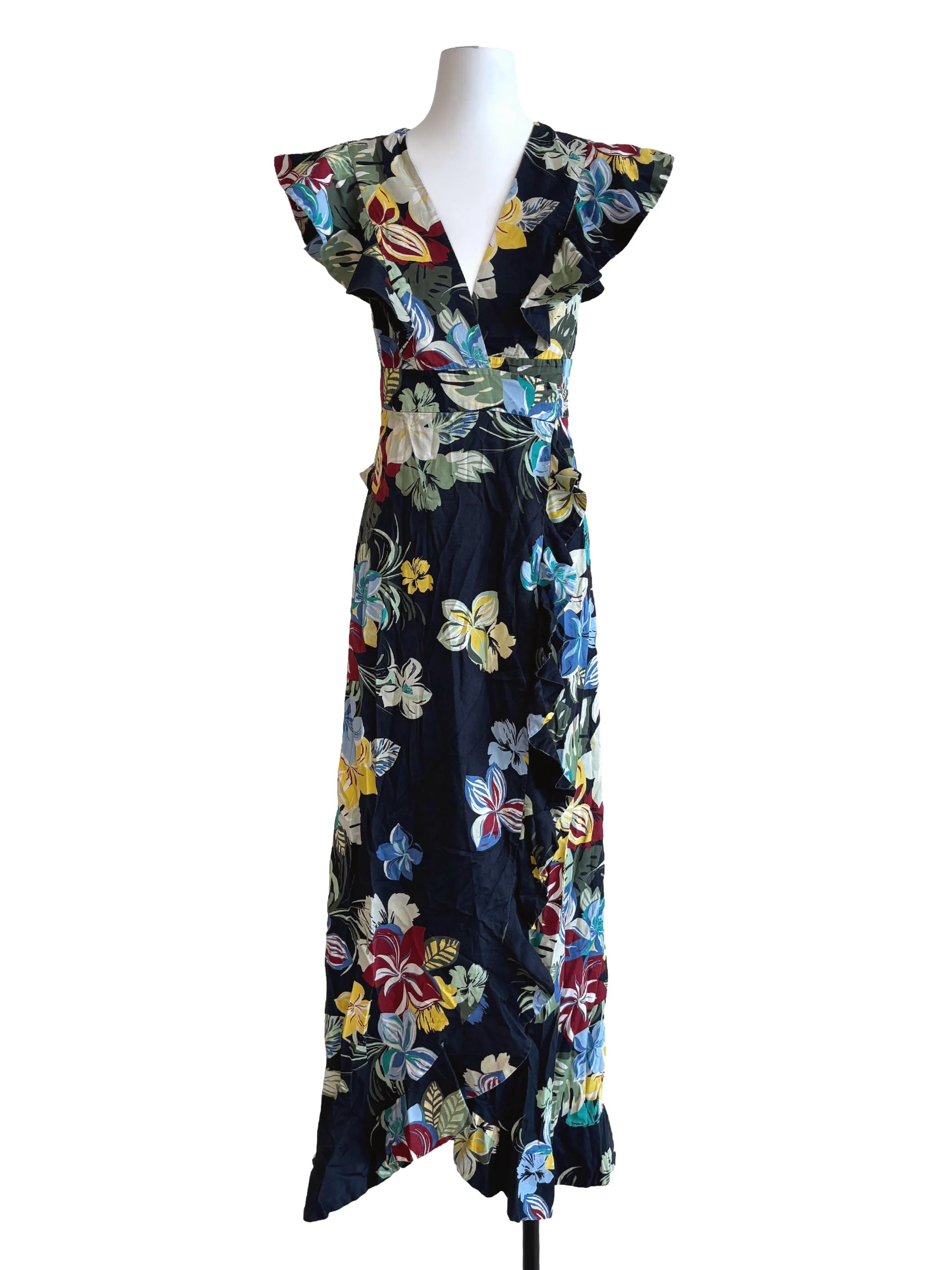 Blue Black Floral Cotton Wrap Dress
