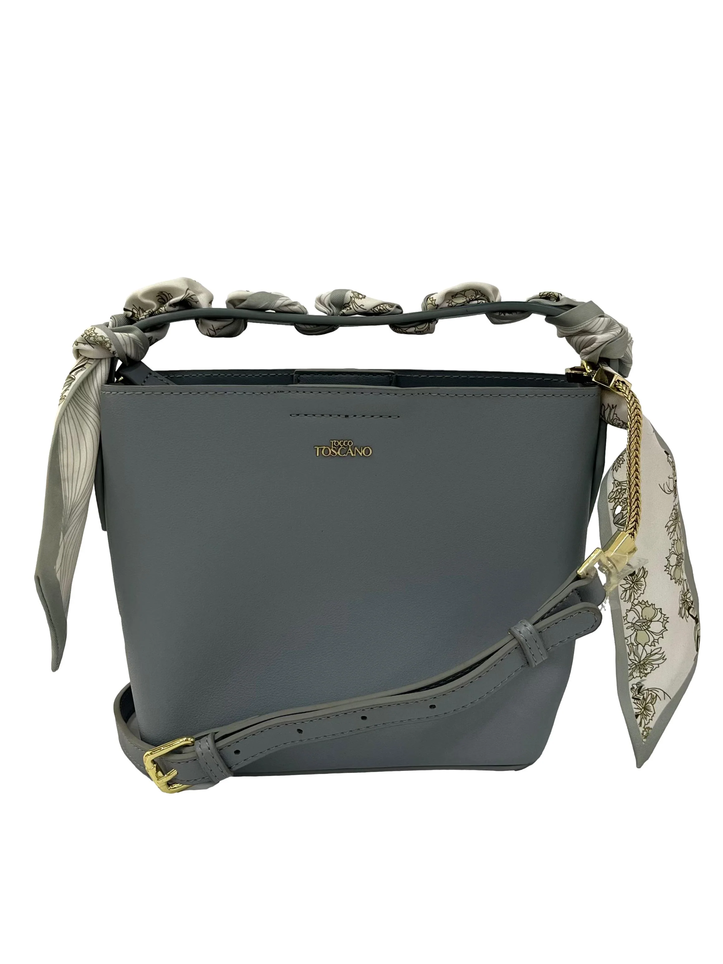 Blue Bucket Bag With Crossbody Strap And Scarf Detail