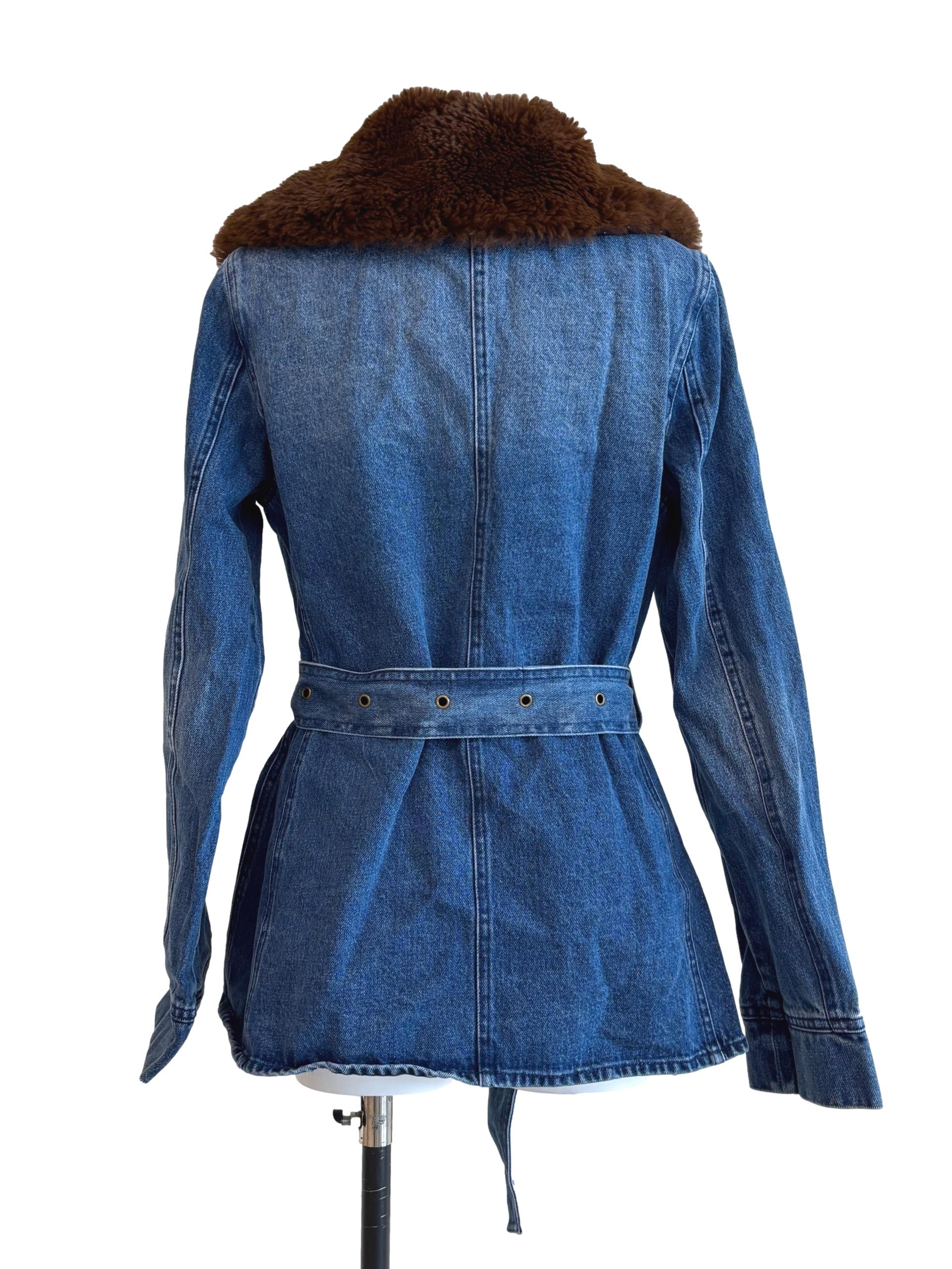 Blue Furry Denim Jacket With Belt - Image 2