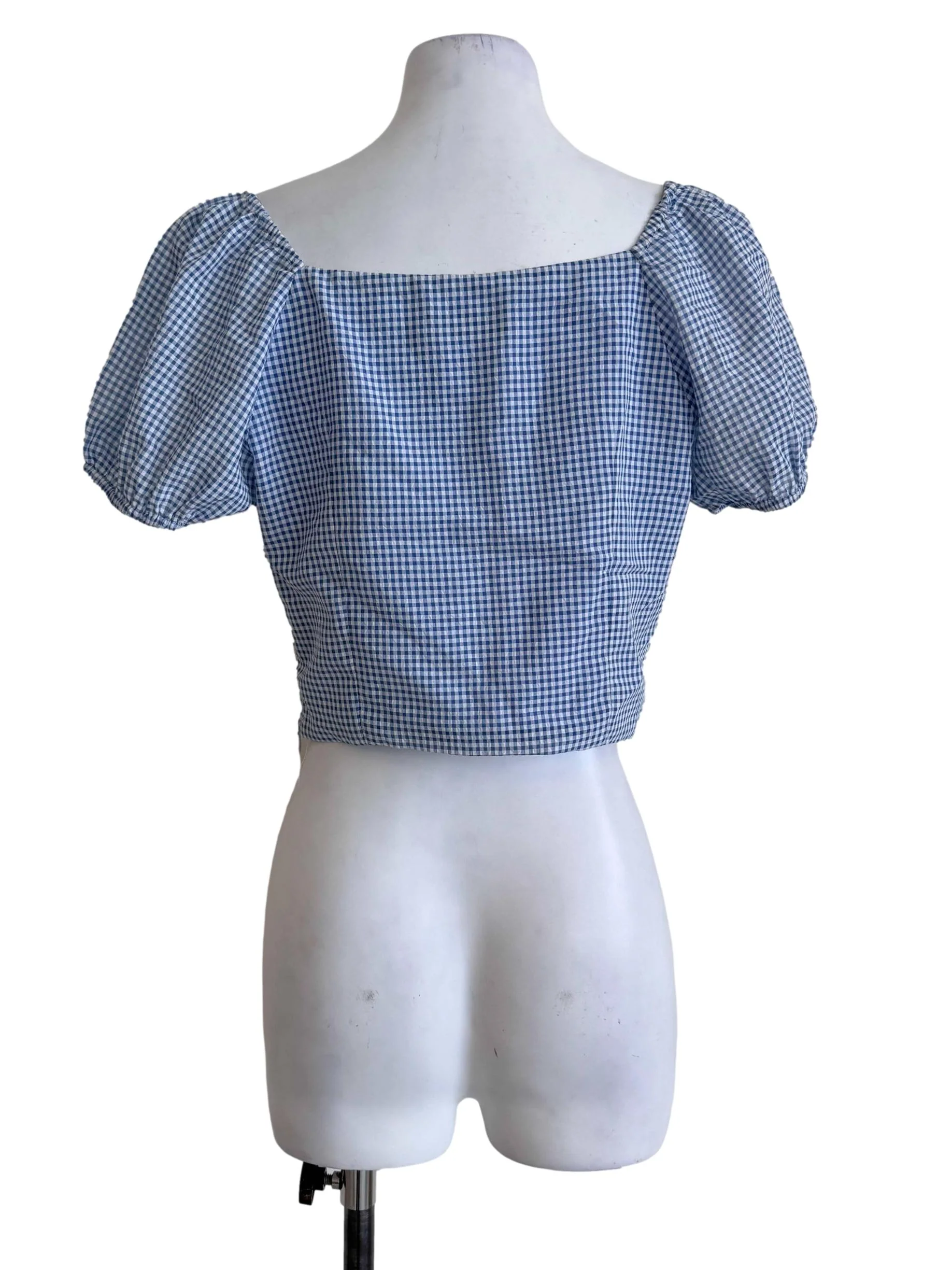 Blue Gingham Puff-Sleeve Crop Top - Image 2