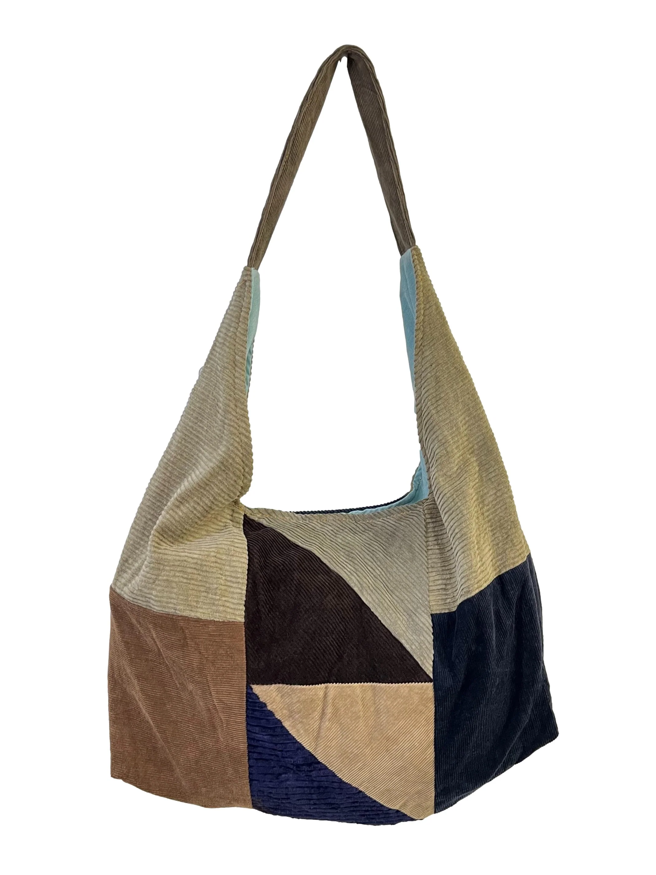 Blue Green Corduroy Patch Crescent Reworked Shoulder Bag - Image 2