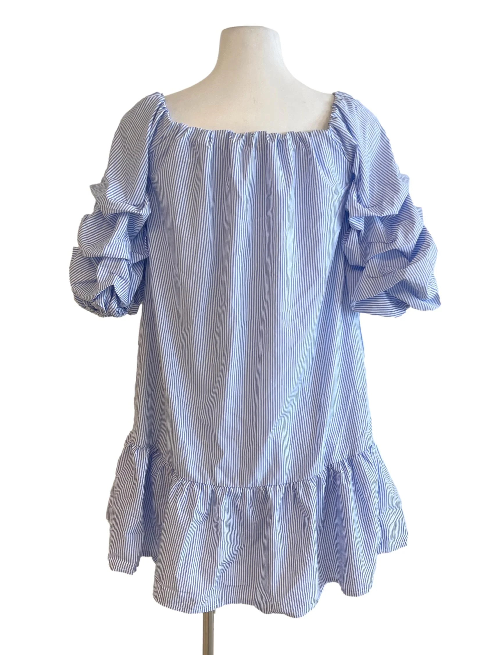 Blue White Bengal Stripe Bubble Sleeve Dress - Image 2