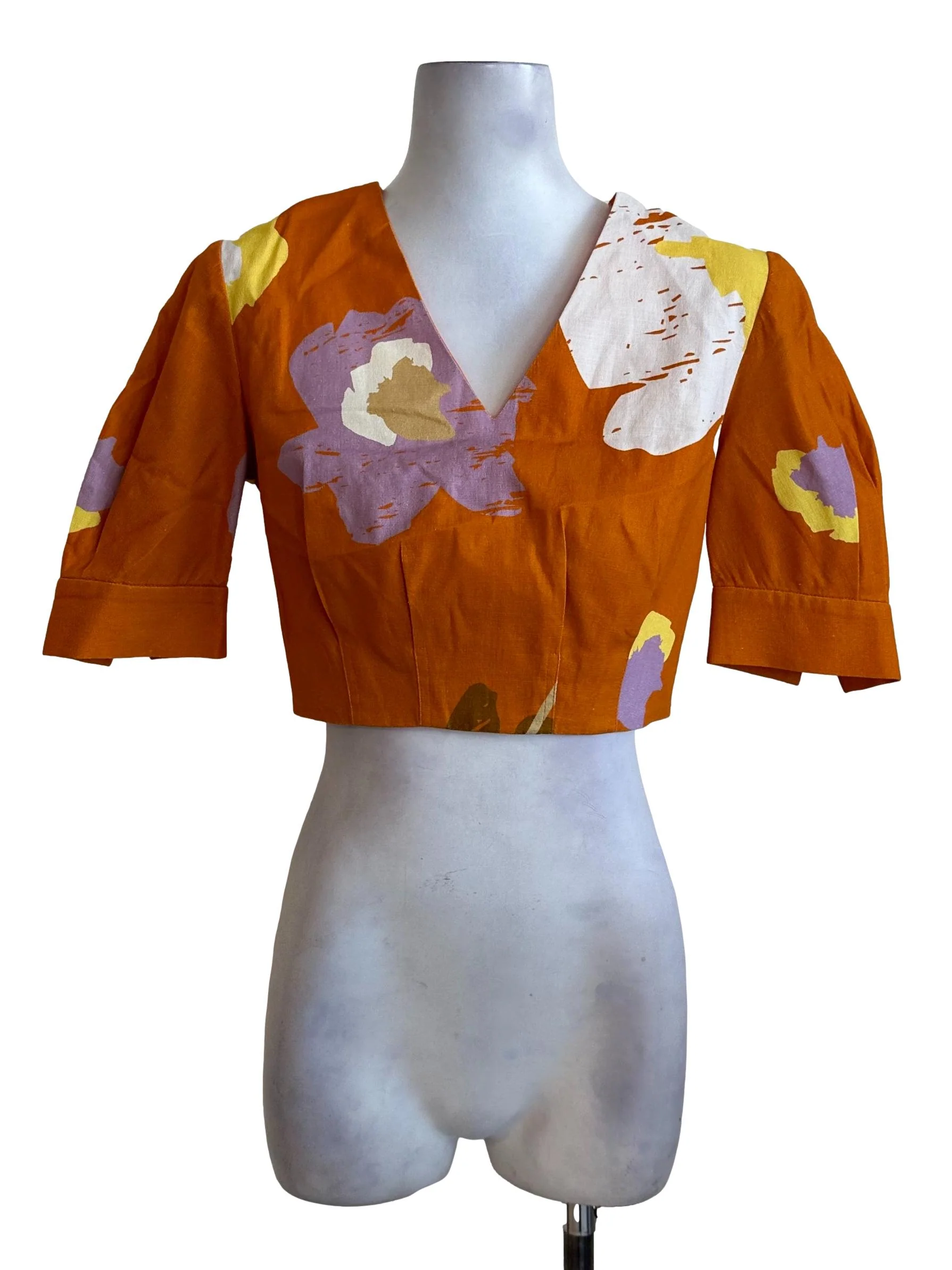 Brick Orange Pattern V Neck Top  OSN