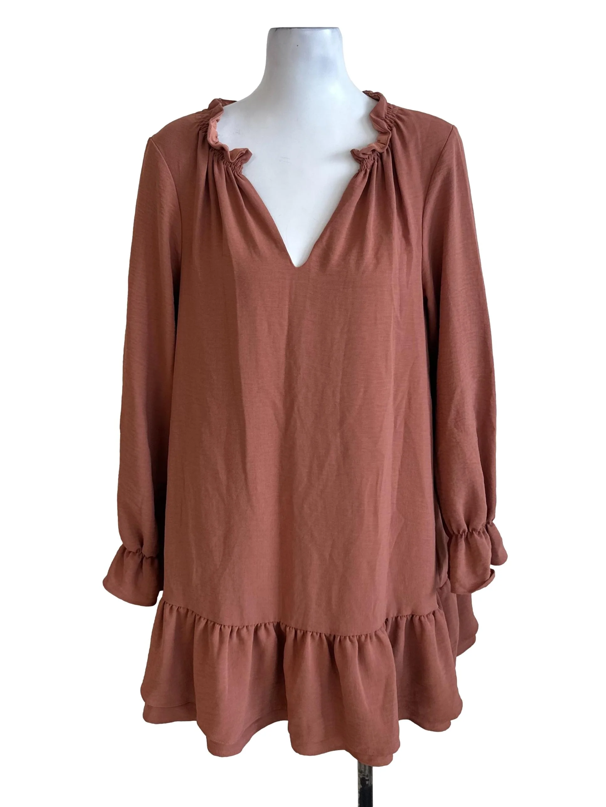 Brick Orange V Neck Ruffle Dress