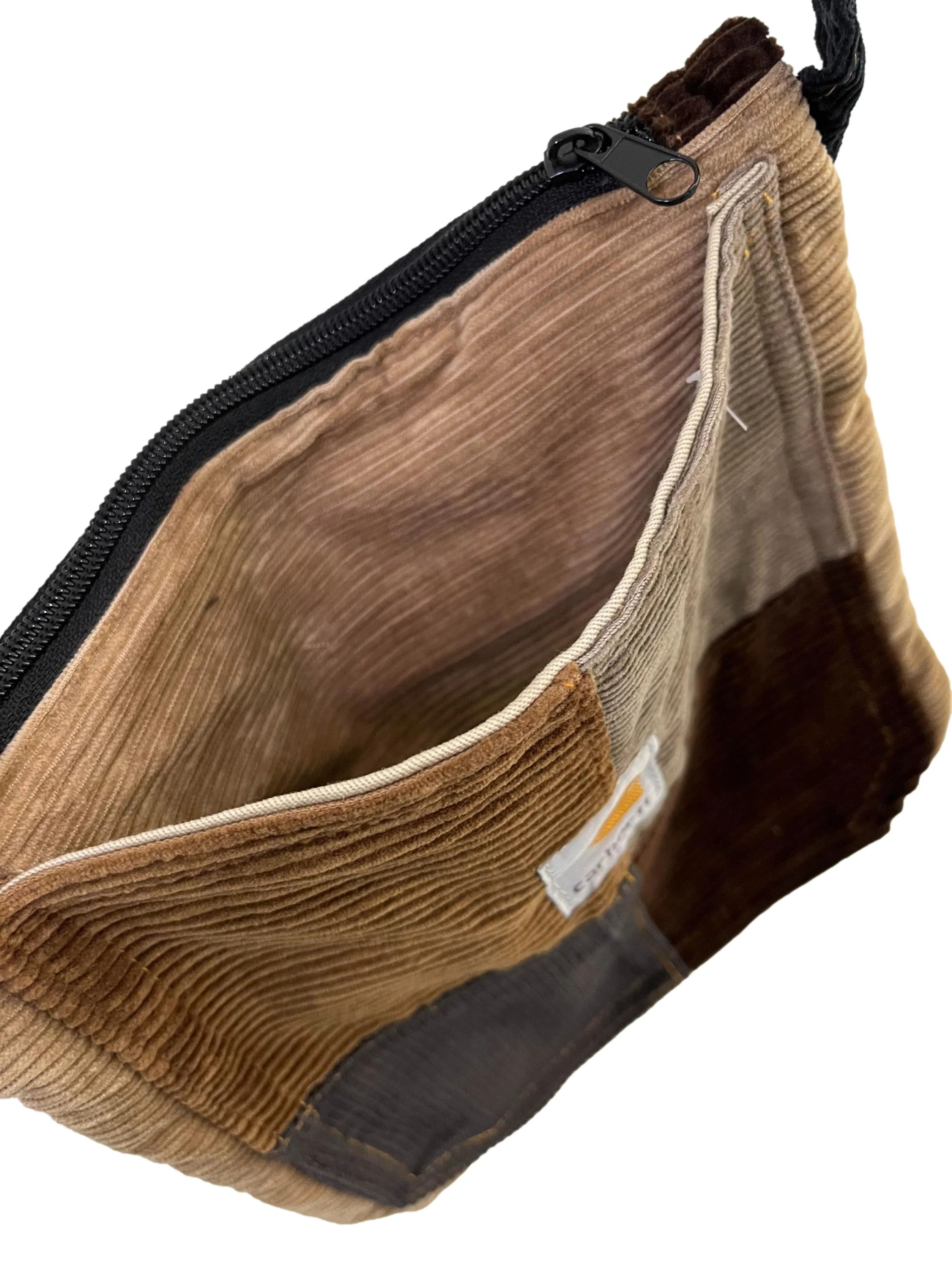 Brown Grey Patch Corduroy Mini Reworked Crossbody Bag With Black Strap - Image 5