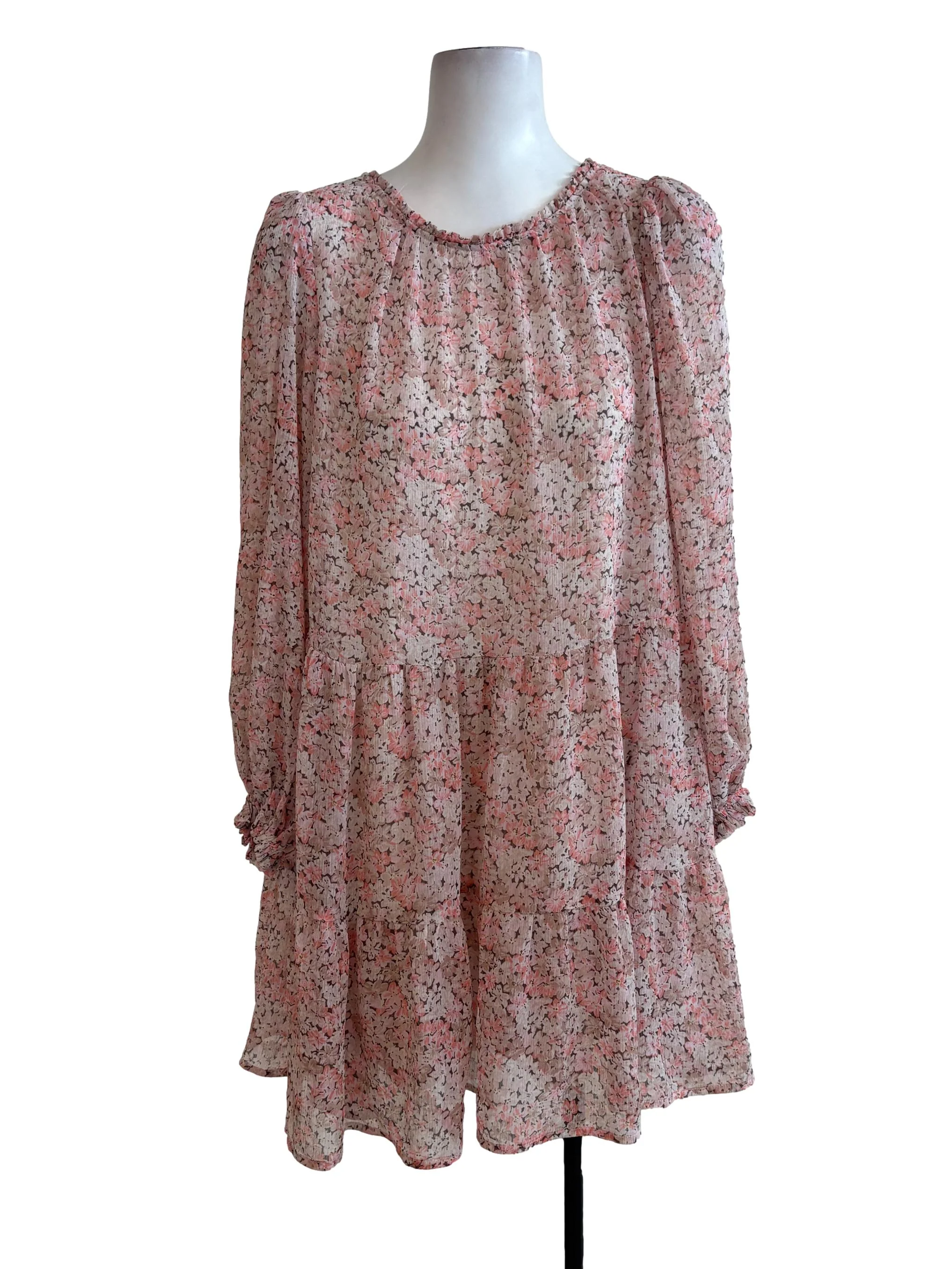 Brown Pink Floral Sheer Dress