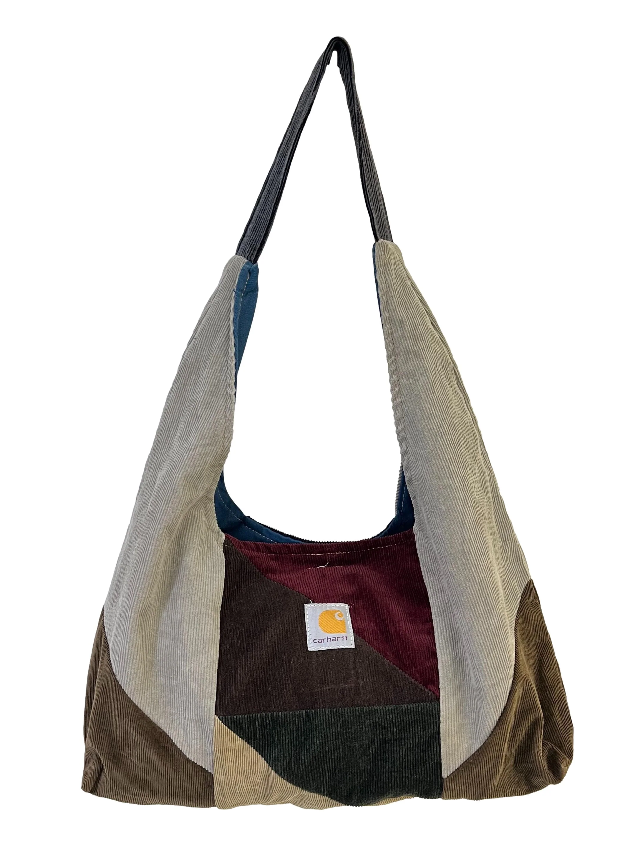 Brown Red Corduroy Patch Crescent Reworked Shoulder Bag