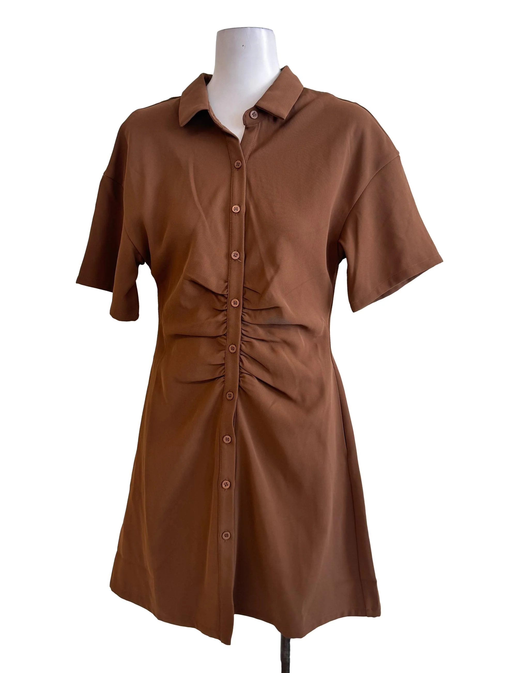 Brown Ruched Buttoned Dress